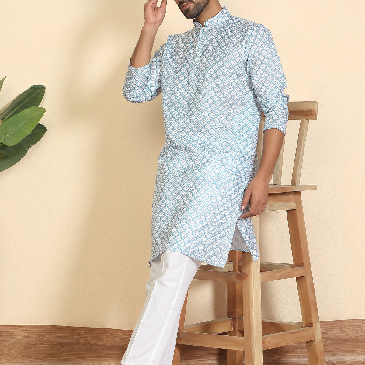 Men's Geometric Print Cotton Blend Kurta with White Pyjamas