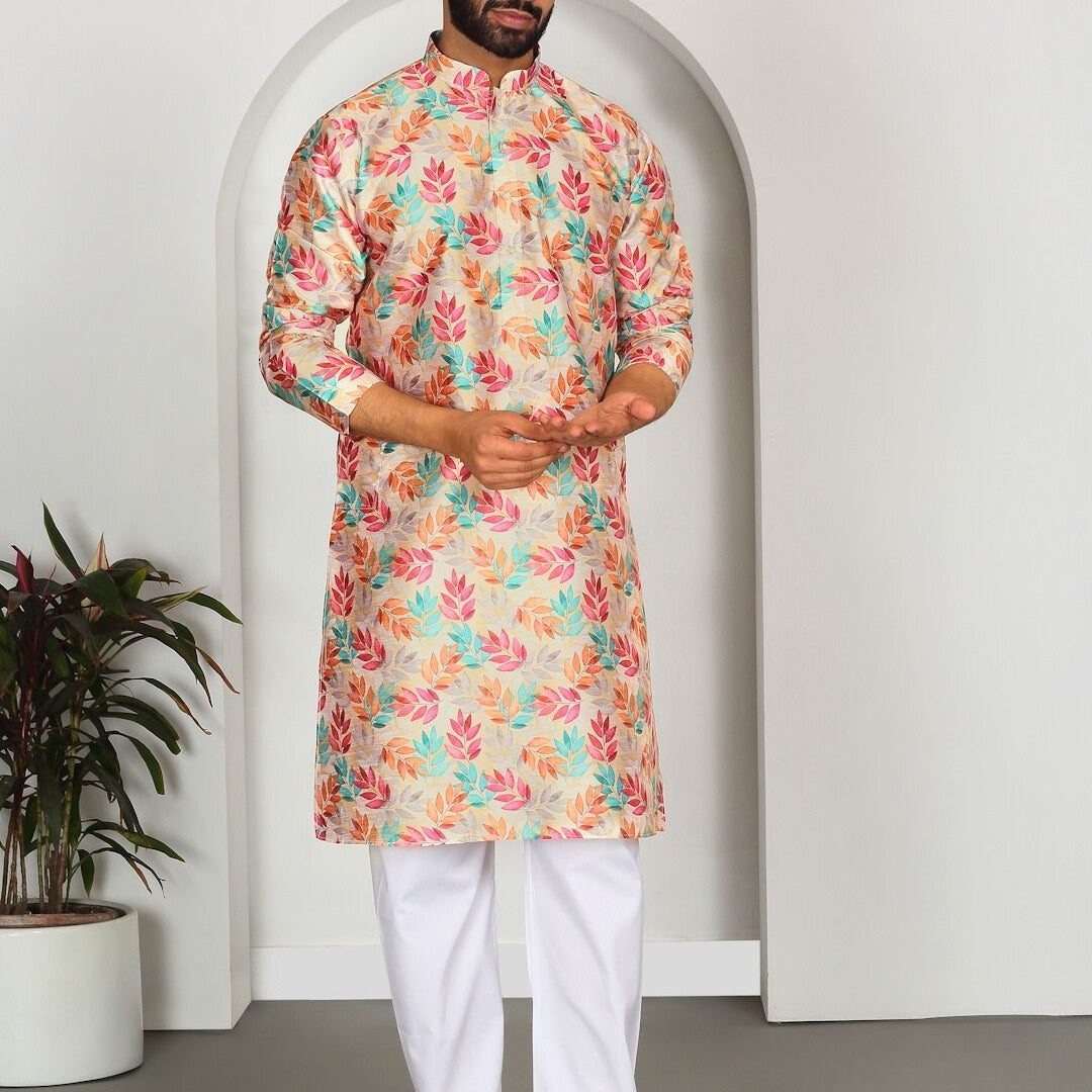 Silk Blend Floral Printed Kurta with white Elastic waistband Pyjama set