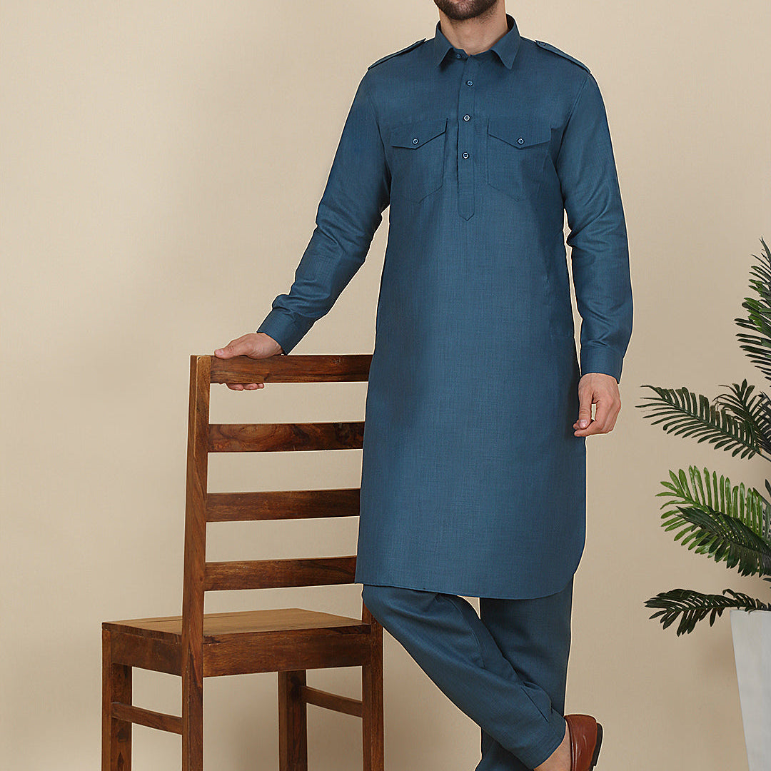 KRAFT INDIA Men's Cotton Pathani Kurta with Drawstring Salwar Set