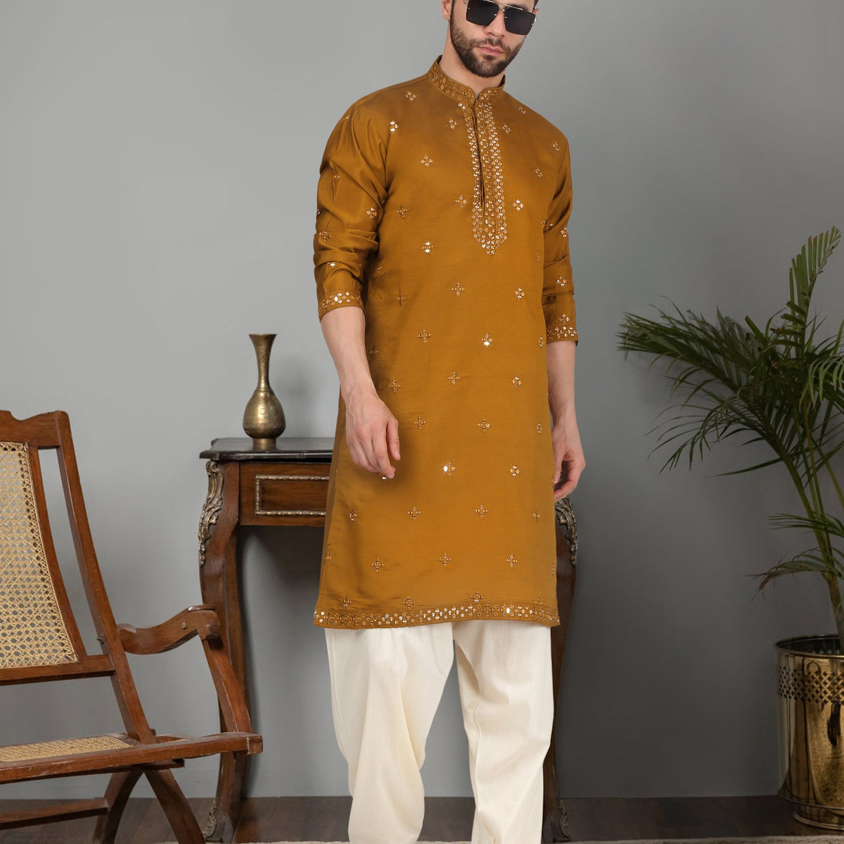 LUXE- Cotton Silk Mirror Work Yoke Design Mandarin Collar Long Sleeve Kurta