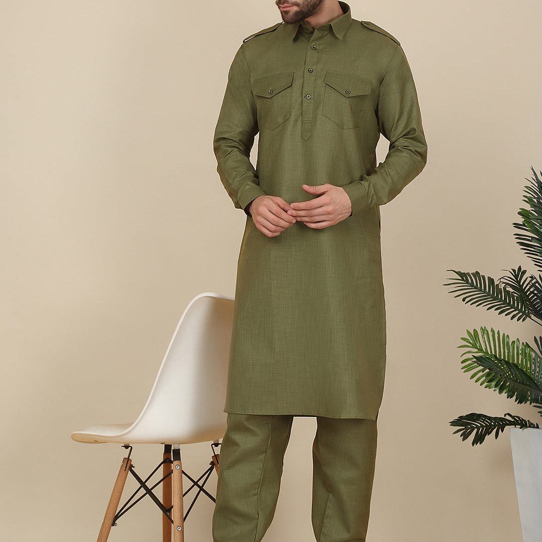 KRAFT INDIA Men's Cotton Pathani Kurta with Drawstring Salwar Set