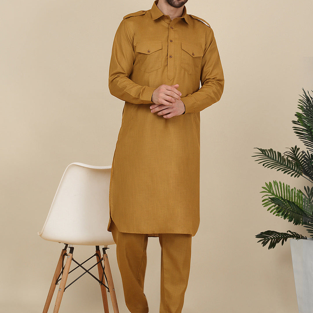 KRAFT INDIA Men's Cotton Pathani Kurta with Drawstring Salwar Set