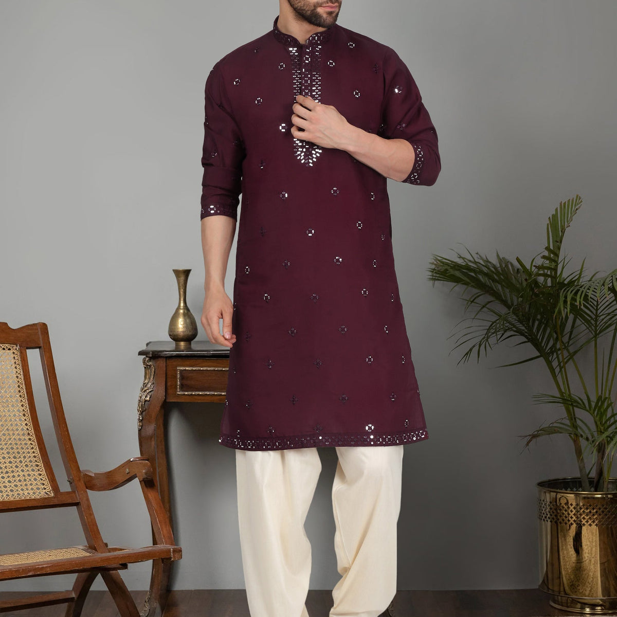LUXE- Cotton Silk Mirror Work Yoke Design Mandarin Collar Long Sleeve Kurta