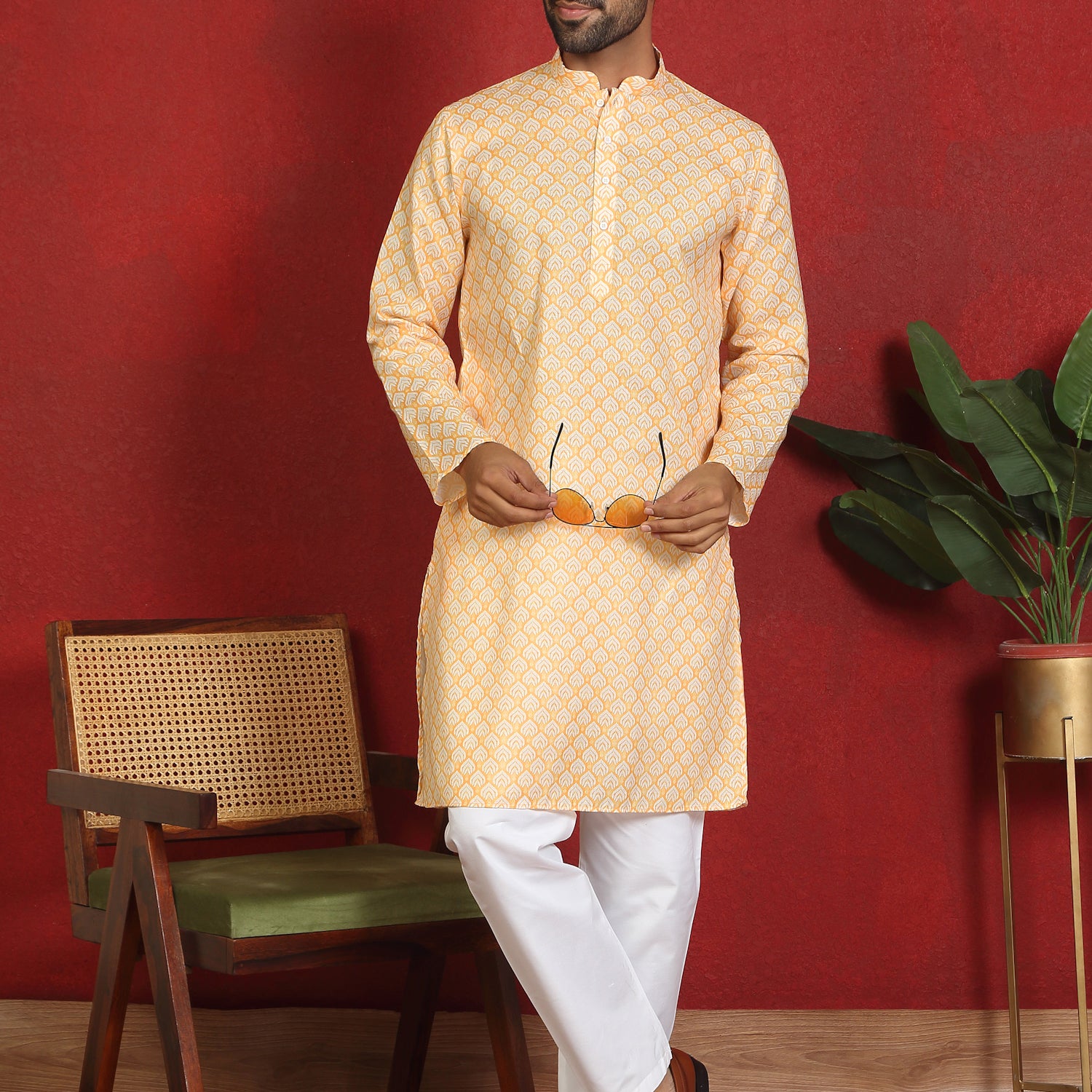Men's Geometric Print Cotton Blend Kurta with White Pyjamas