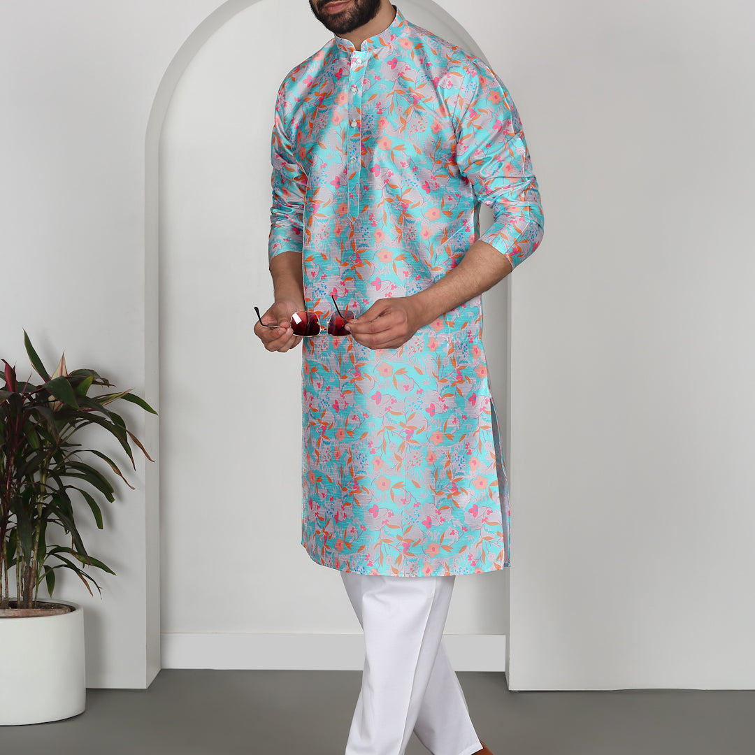 Silk Blend Floral Printed Kurta with white Elastic waistband Pyjama set