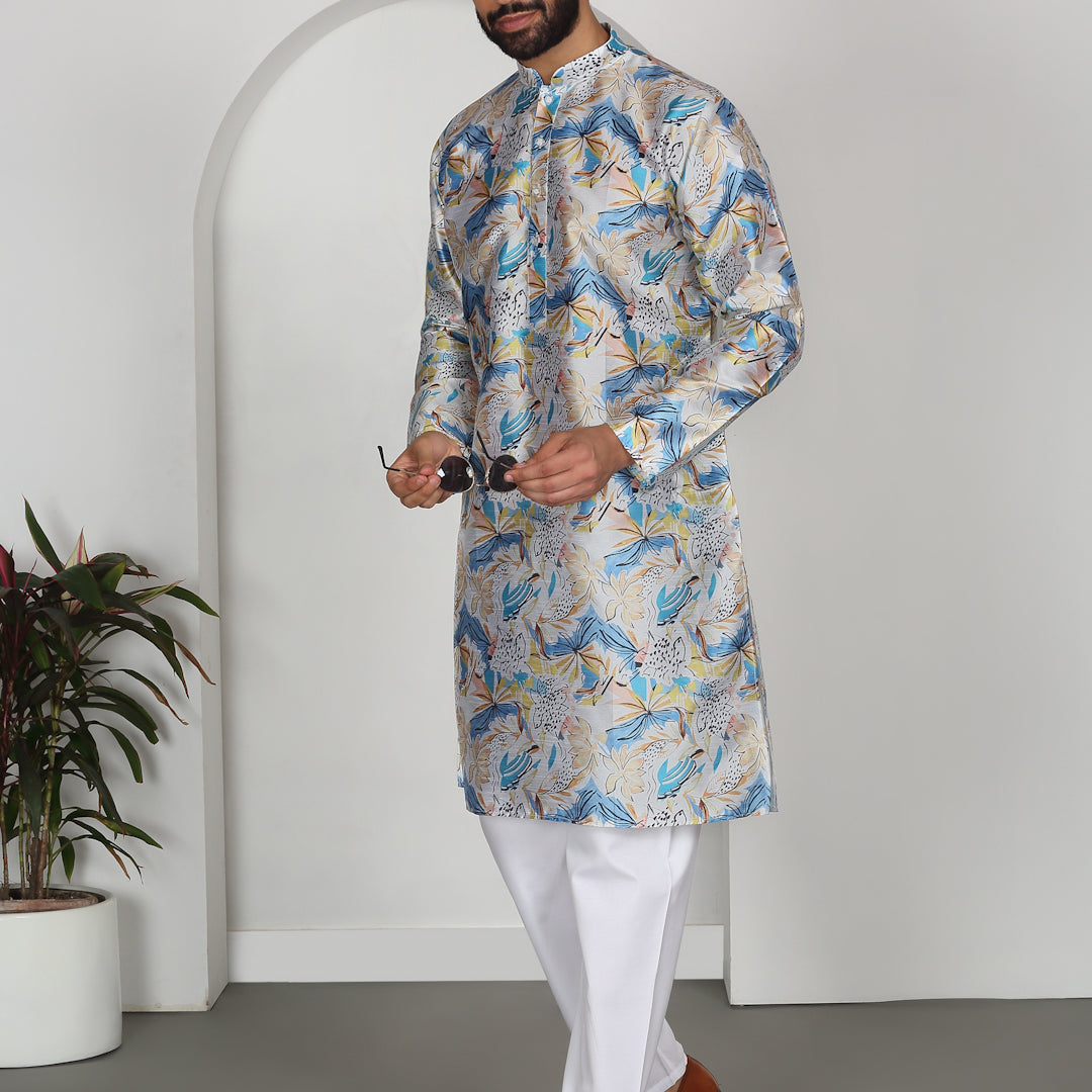 Silk Blend Floral Printed Kurta with white Elastic waistband Pyjama set