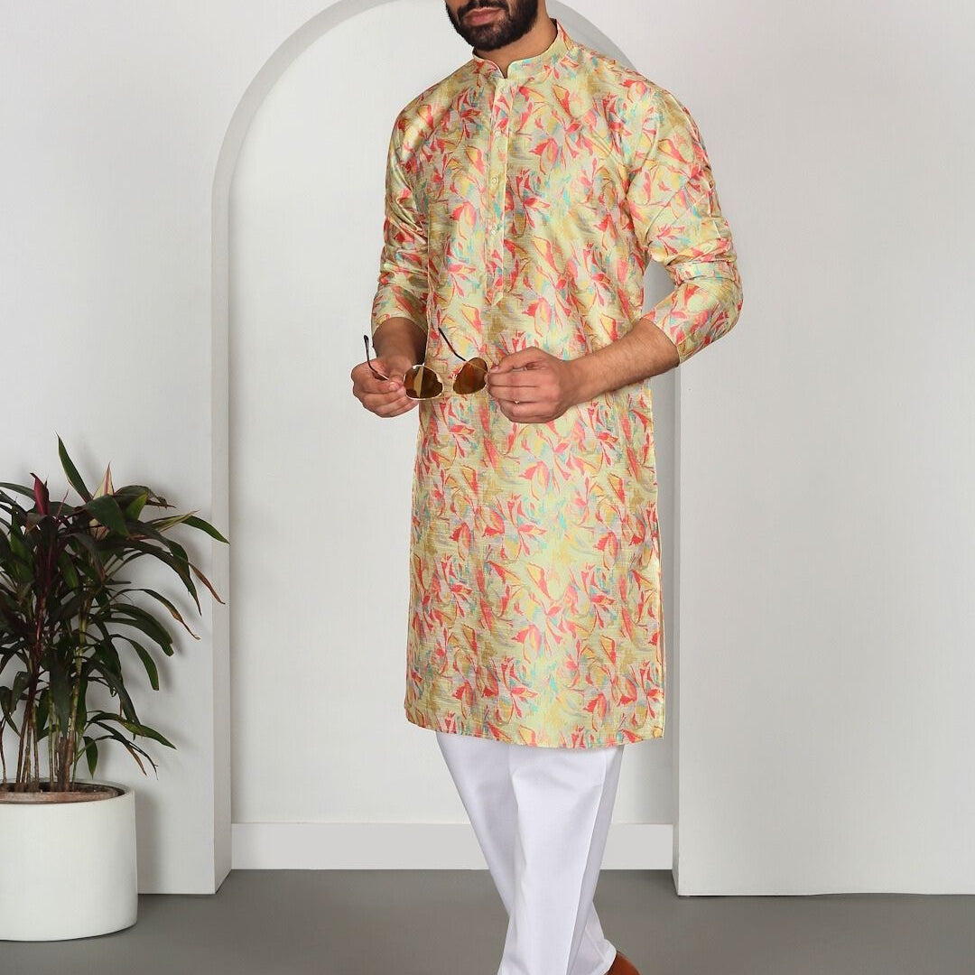 Silk Blend Floral Printed Kurta with white Elastic waistband Pyjama set