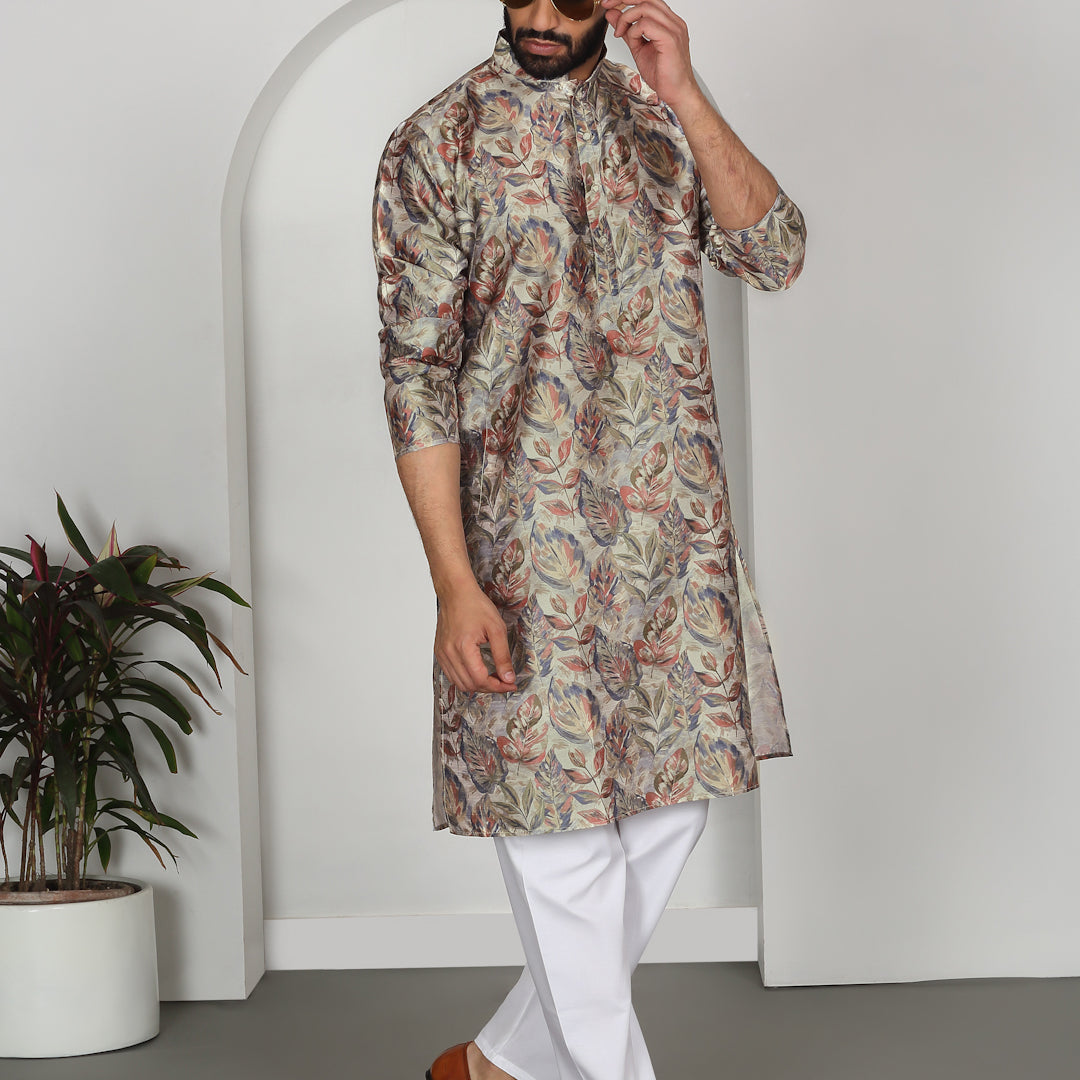 Silk Blend Floral Printed Kurta with white Elastic waistband Pyjama set