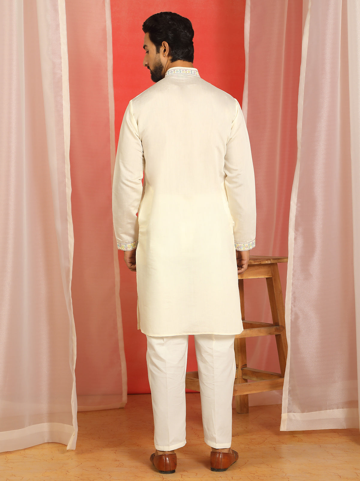 Men Cotton Silk Floral Thread Work Sequined Festive Kurta - Cream