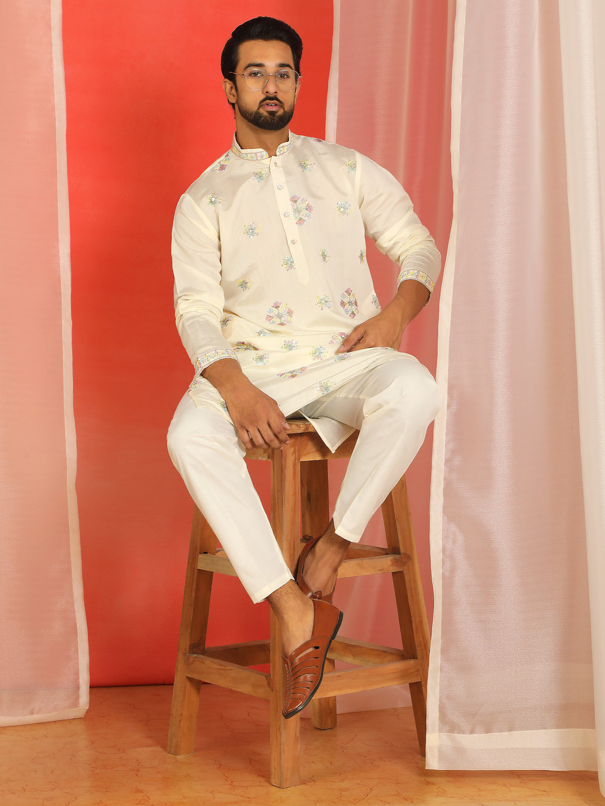 Men Cotton Silk Floral Thread Work Sequined Festive Kurta - Cream