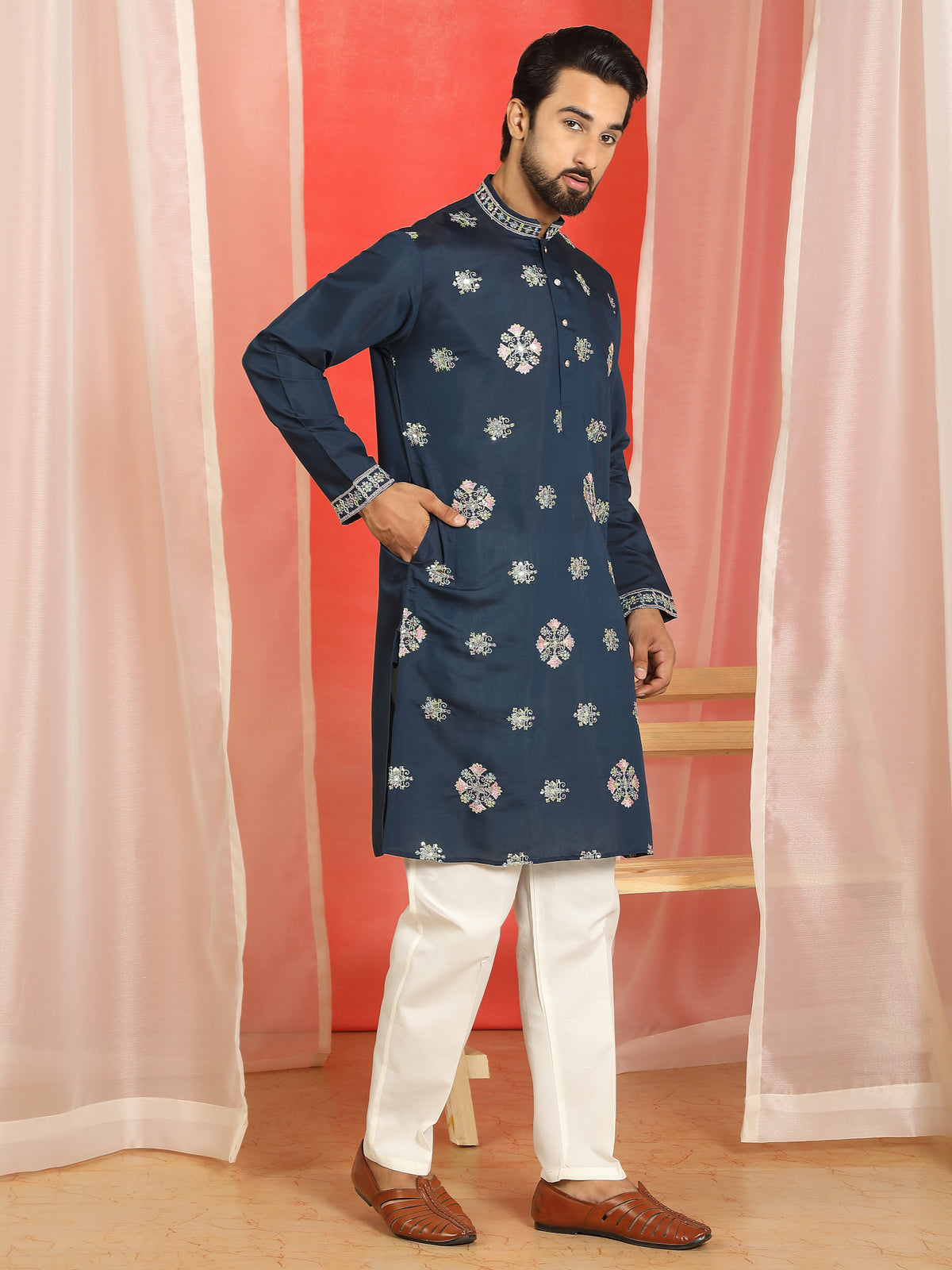 Men Cotton Silk Floral Thread Work Sequined Festive Kurta - Navy Blue