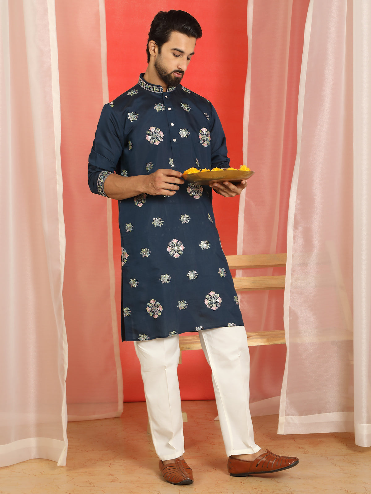 Men Cotton Silk Floral Thread Work Sequined Festive Kurta - Navy Blue