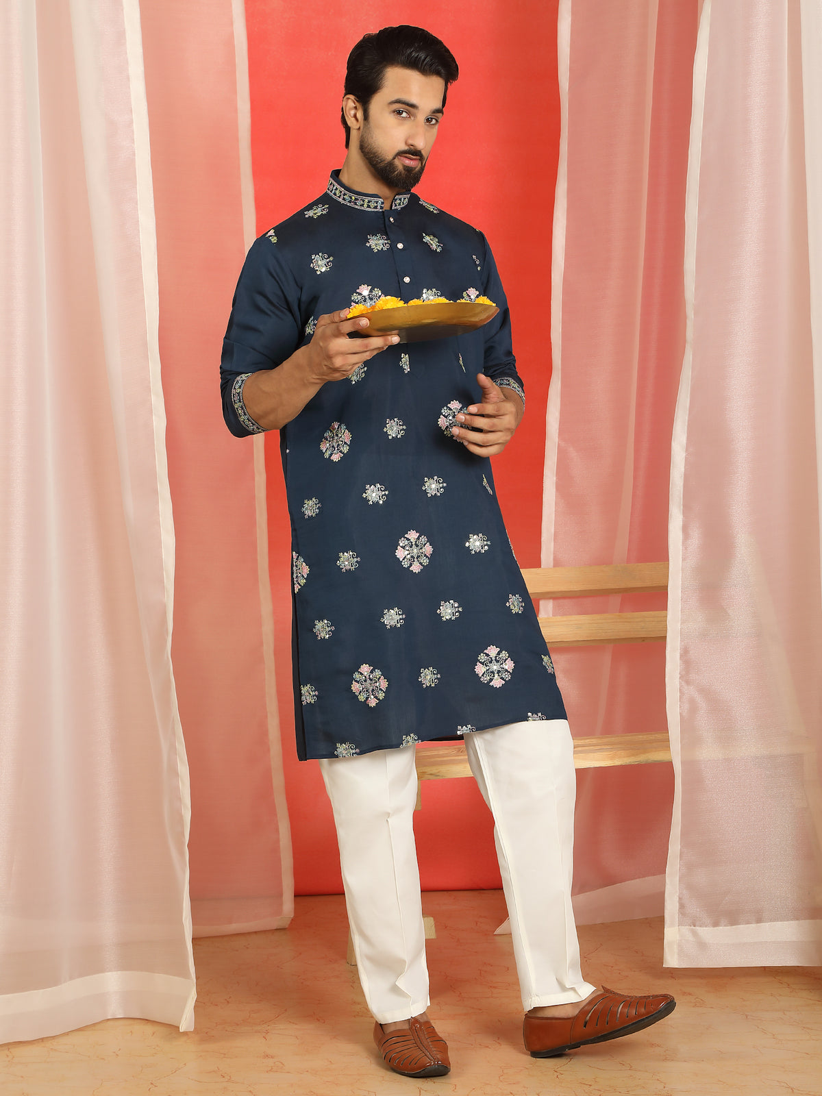 Men Cotton Silk Floral Thread Work Sequined Festive Kurta - Navy Blue