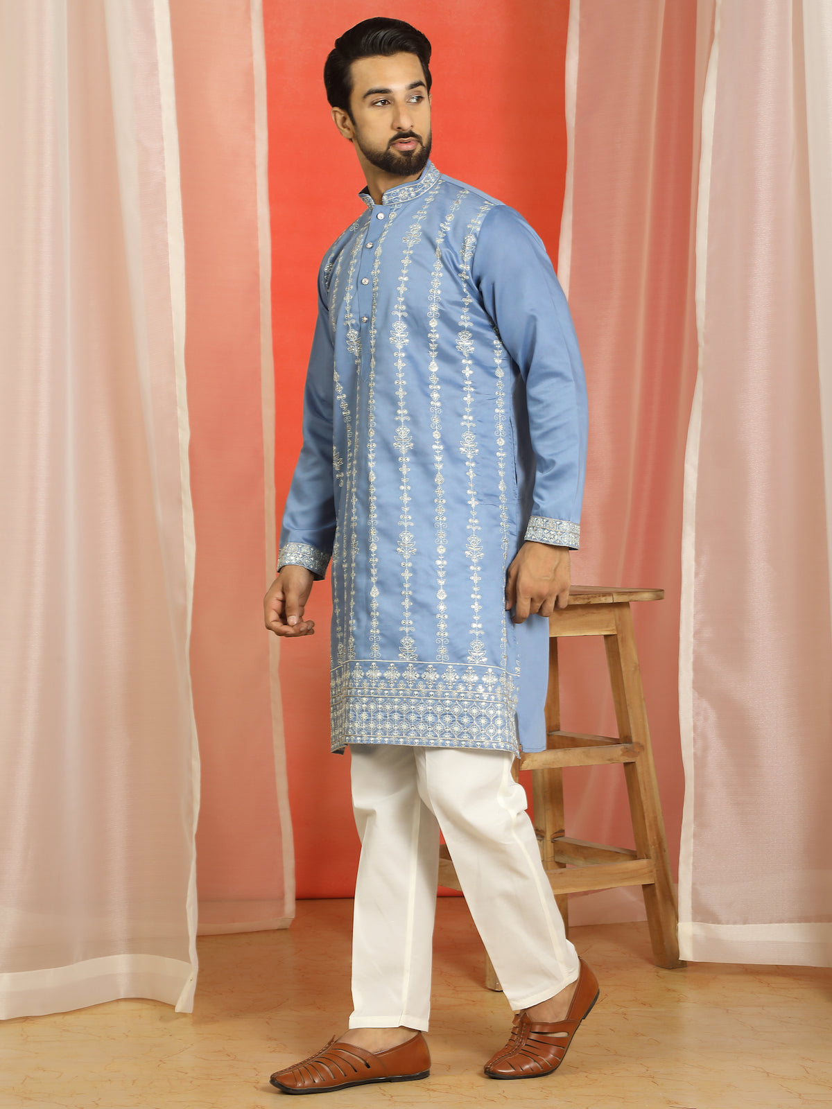 Men Cotton Silk Floral Thread Work Sequined Festive Kurta - Blue