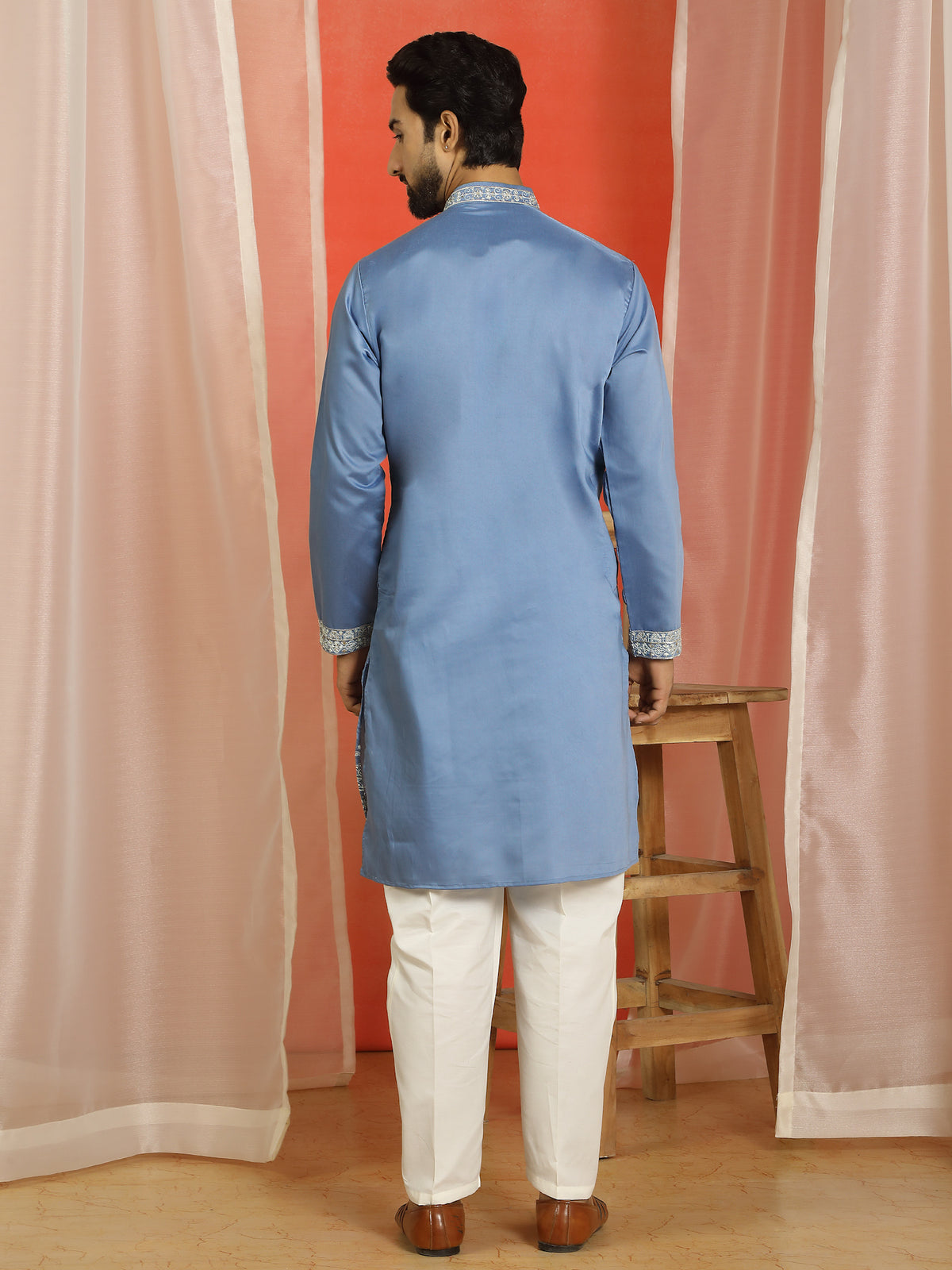 Men Cotton Silk Floral Thread Work Sequined Festive Kurta - Blue