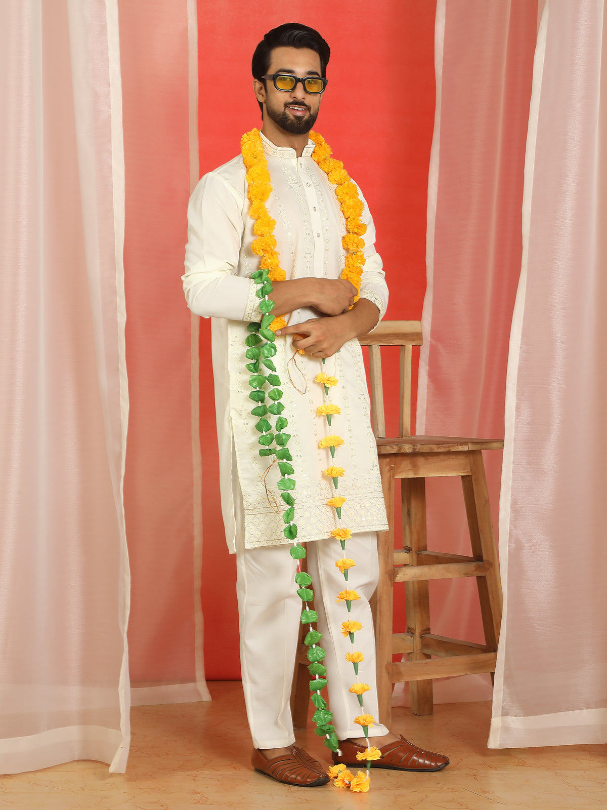 Men Cotton Silk Floral Thread Work Sequined Festive Kurta - Cream