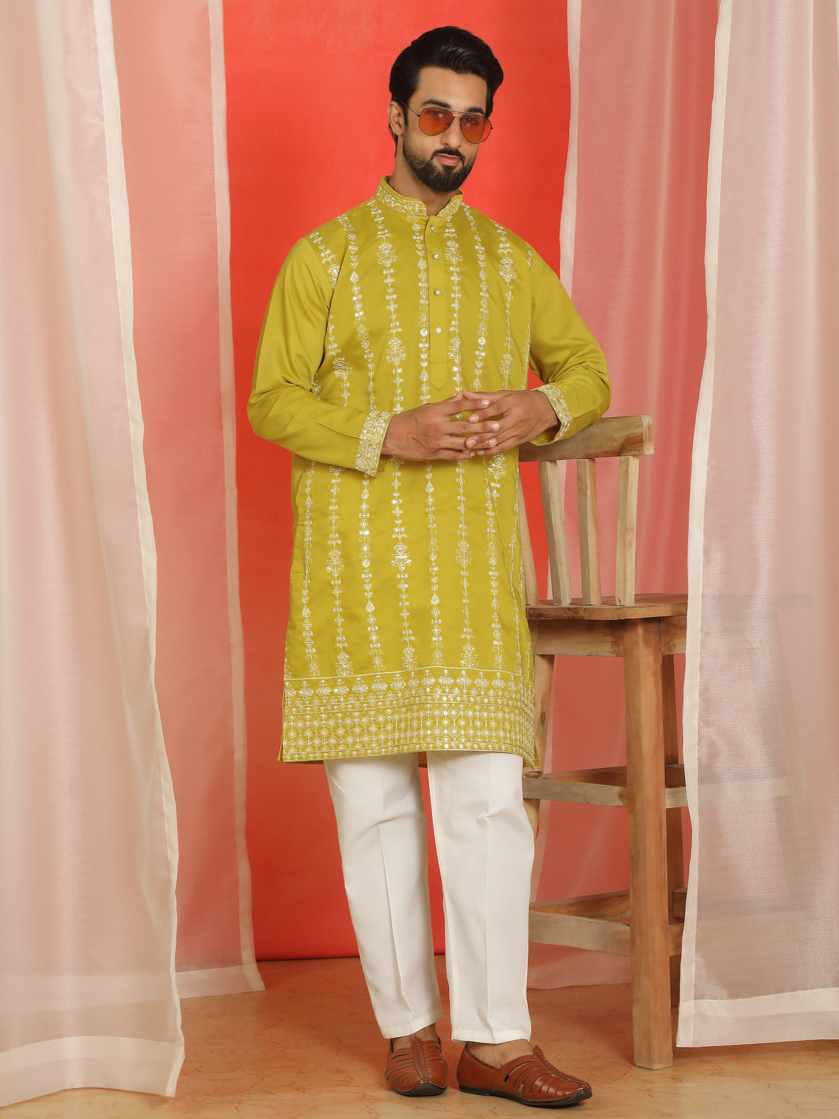 Men Cotton Silk Floral Thread Work Sequined Festive Kurta - Olive Green