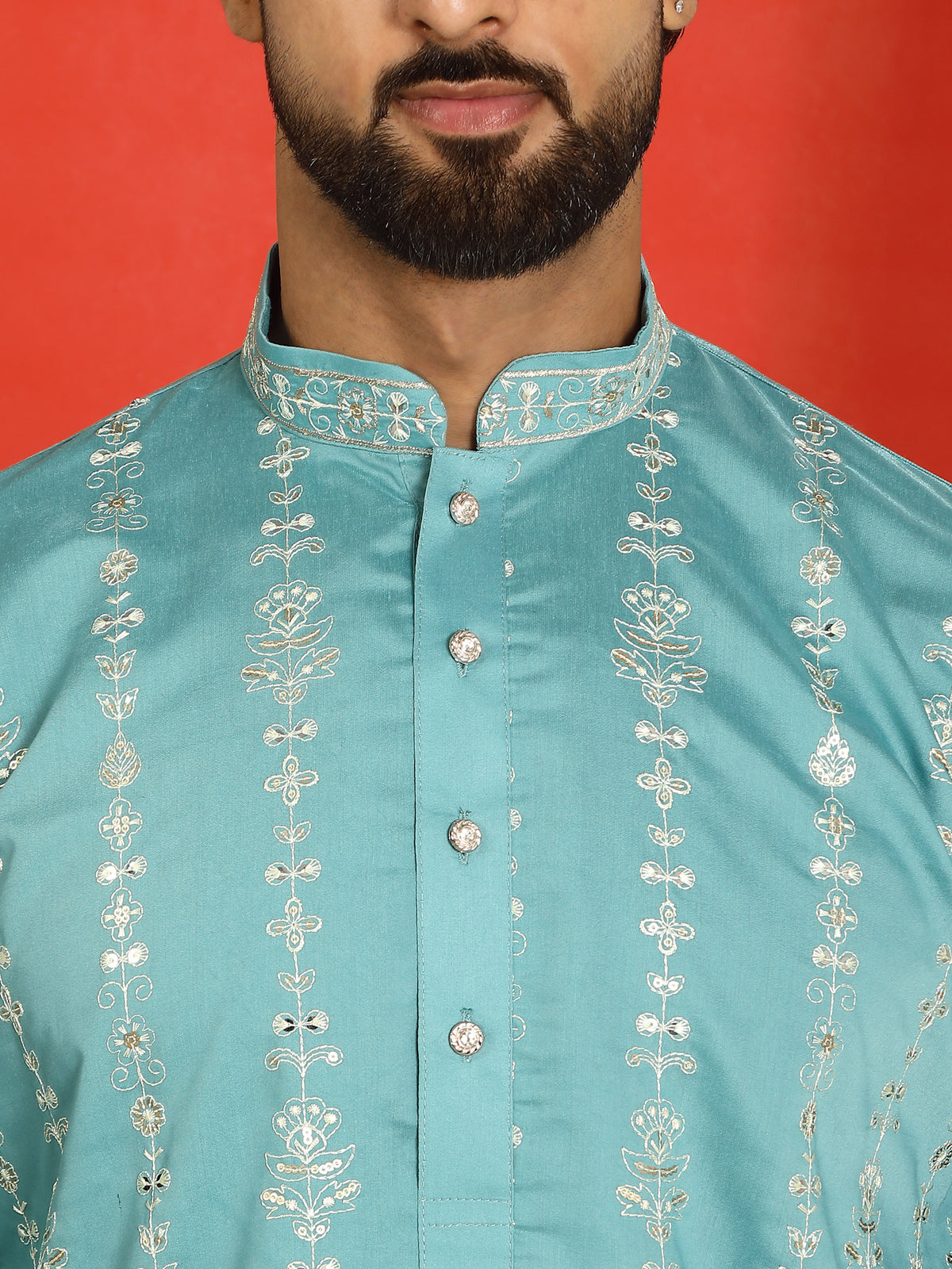 Men Cotton Silk Sequinned Floral Daman Embroidered Straight Kurta with Trouser Set - Turquoise