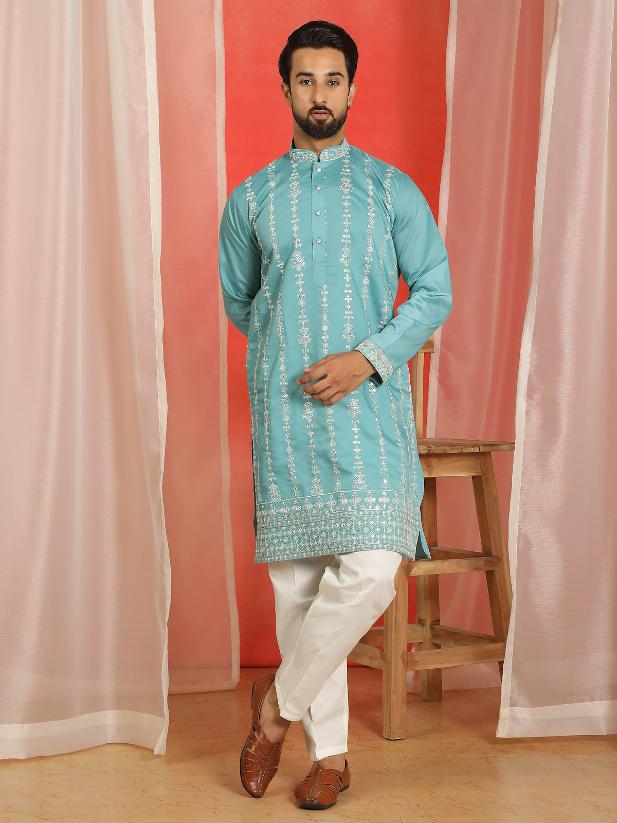 Men Cotton Silk Floral Thread Work Sequined Festive Kurta - Turquoise