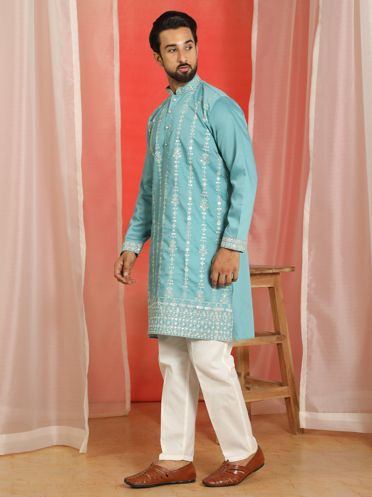 Men Cotton Silk Floral Thread Work Sequined Festive Kurta - Turquoise