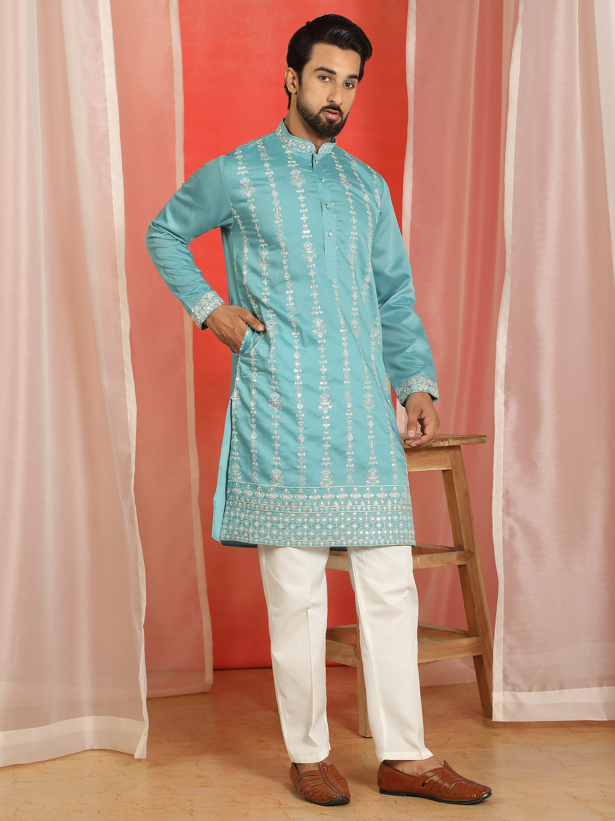 Men Cotton Silk Floral Thread Work Sequined Festive Kurta - Turquoise