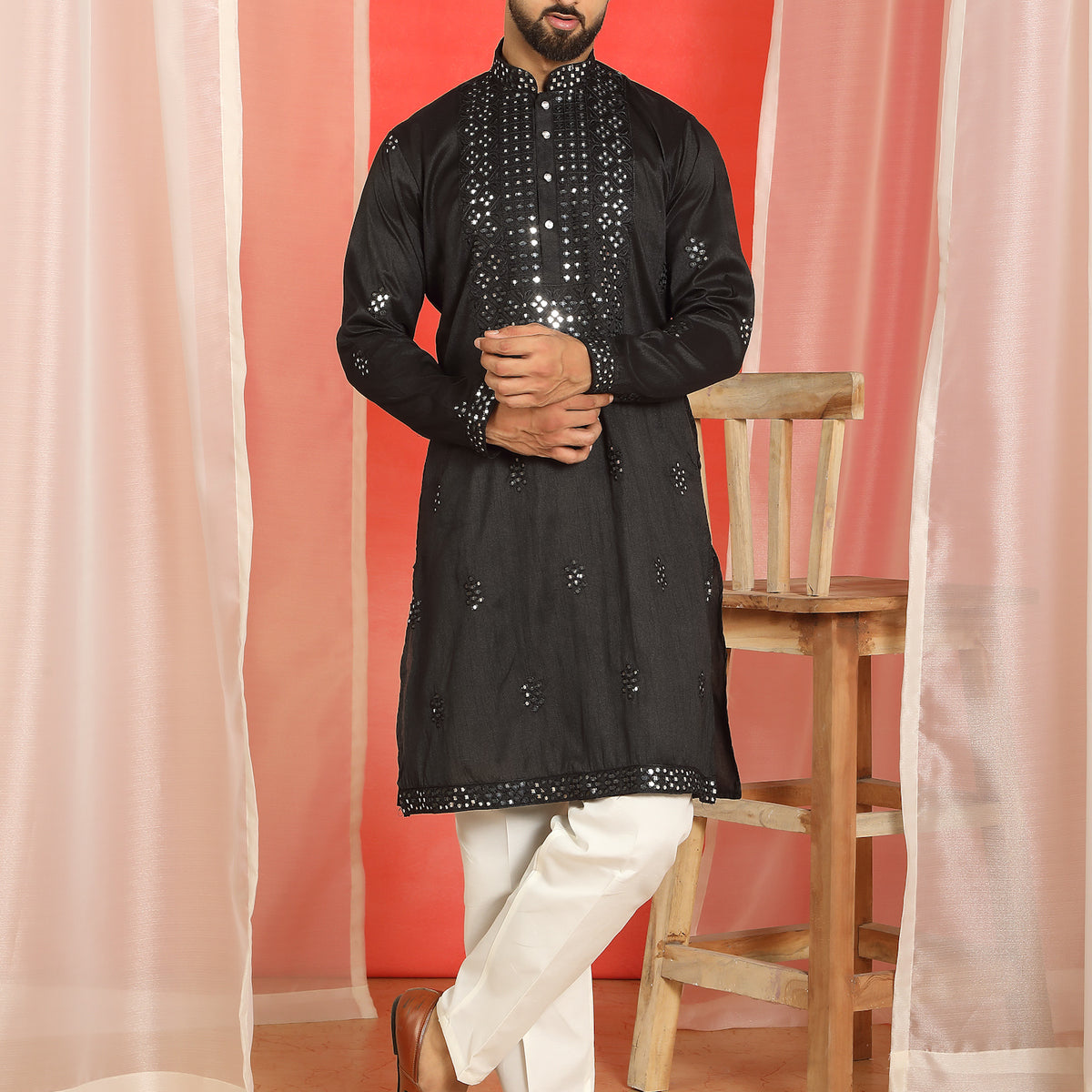Men's Cotton Silk Mirror Work Embroidered Yoke Design Straight Kurta with Trouser Set - Black