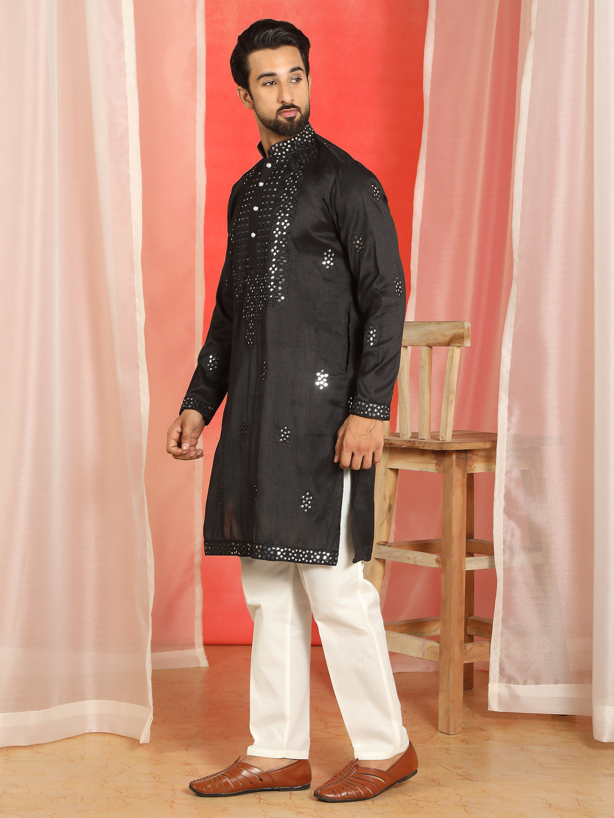 Men Cotton Silk Mirror Work Embroidered Yoke Design Kurta - Black