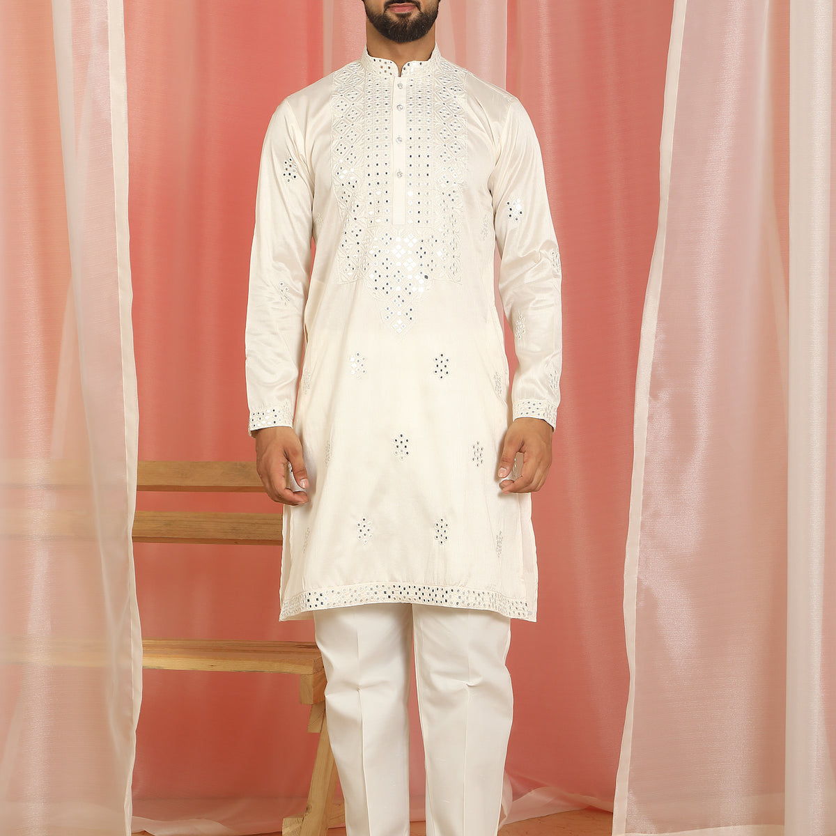 Men's Cotton Silk Mirror Work Embroidered Yoke Design Straight Kurta with Trouser Set - Cream