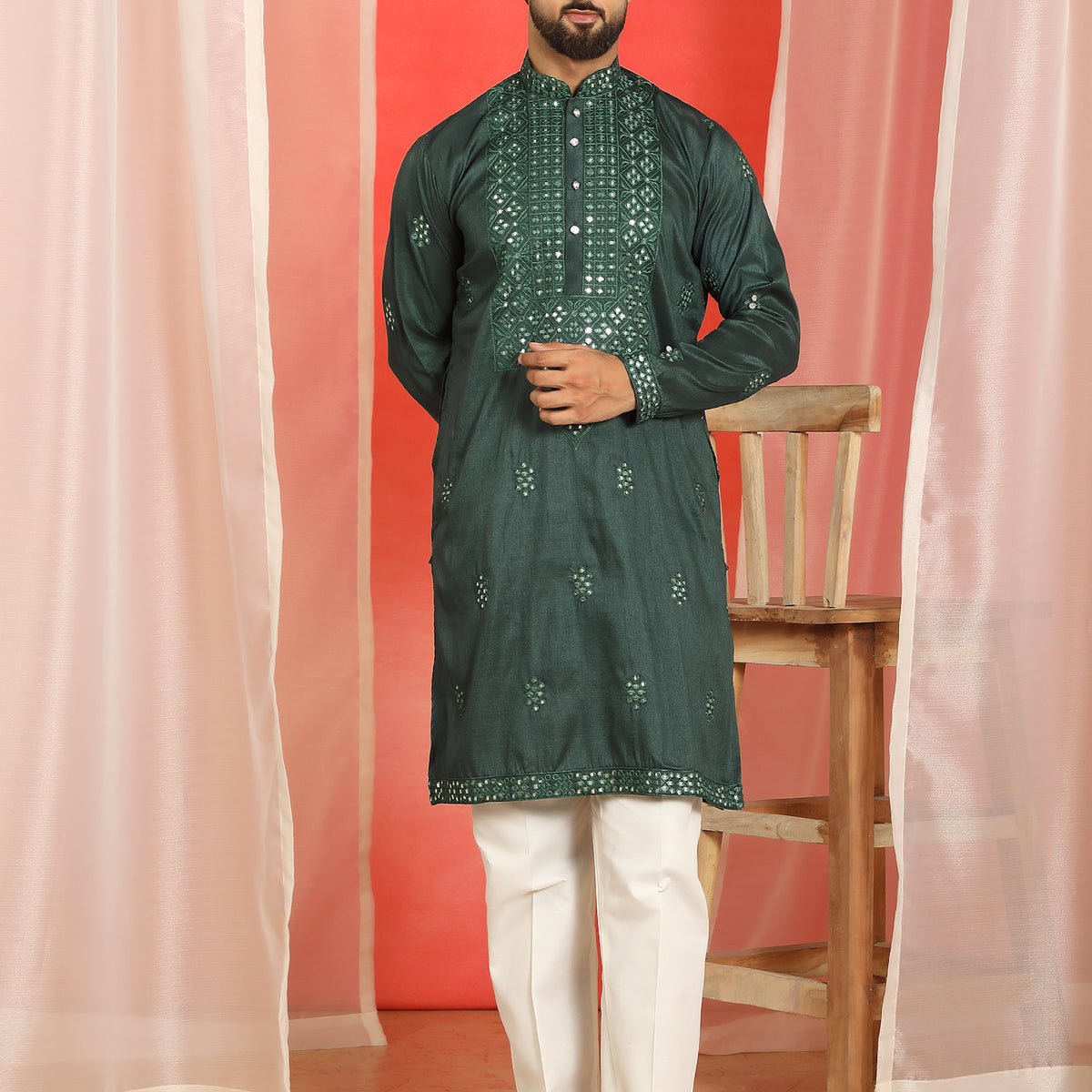 Men's Cotton Silk Mirror Work Embroidered Yoke Design Straight Kurta with Trouser Set - Green