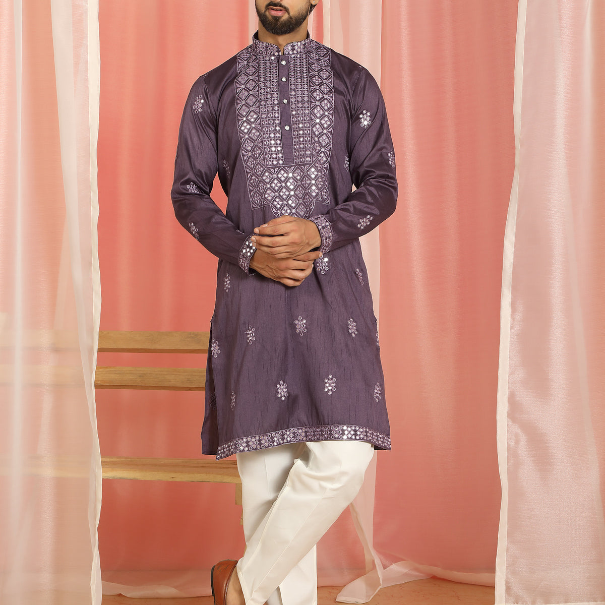 Men's Cotton Silk Mirror Work Embroidered Yoke Design Straight Kurta with Trouser Set - Purple