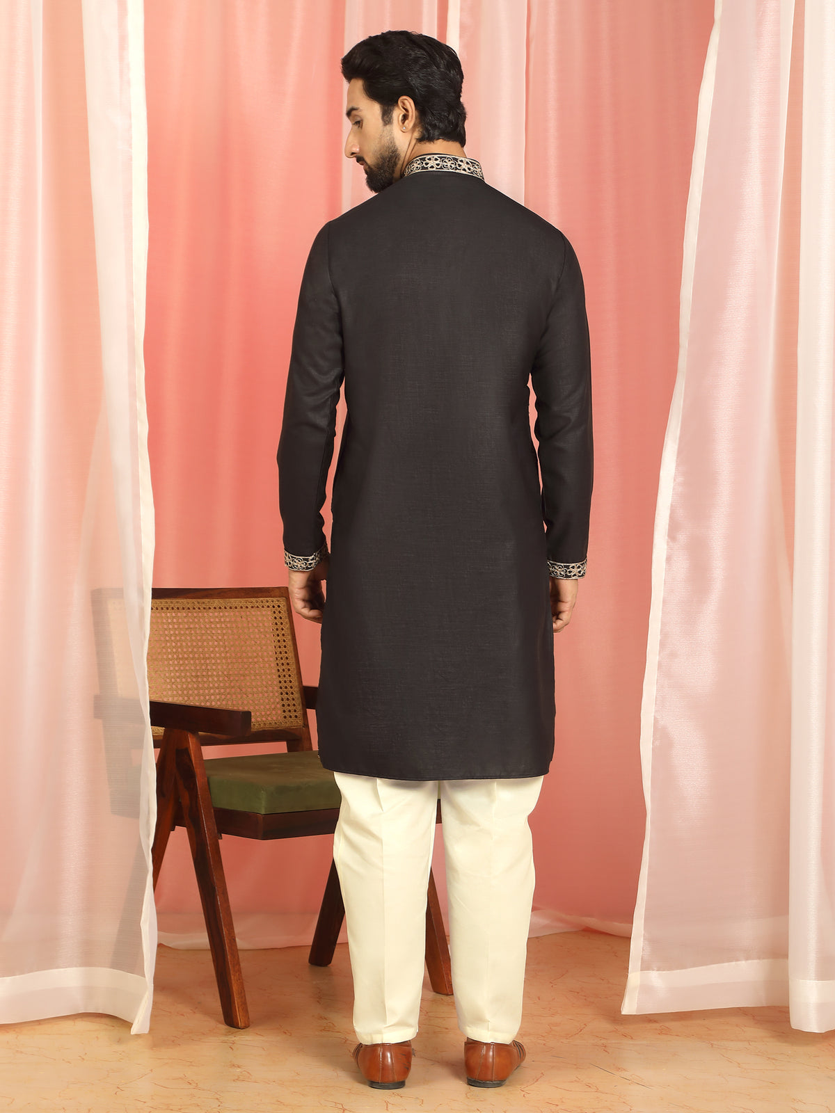 Men Cotton Floral Embroidered Festive Kurta - Black