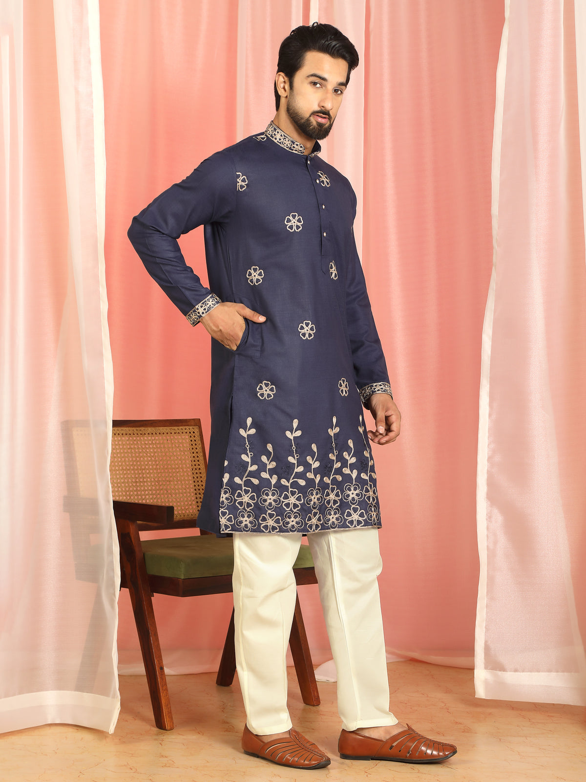 Men Cotton Floral Embroidered Festive Kurta - Navy Blue