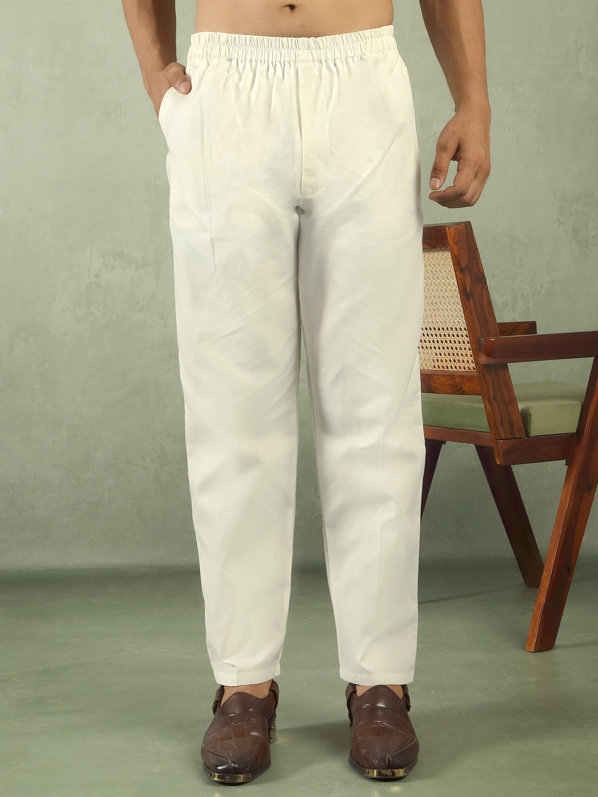 Men's Cotton Silk Traditional Mirror Work Embroidered Straight Kurta with Trouser Set - Cream