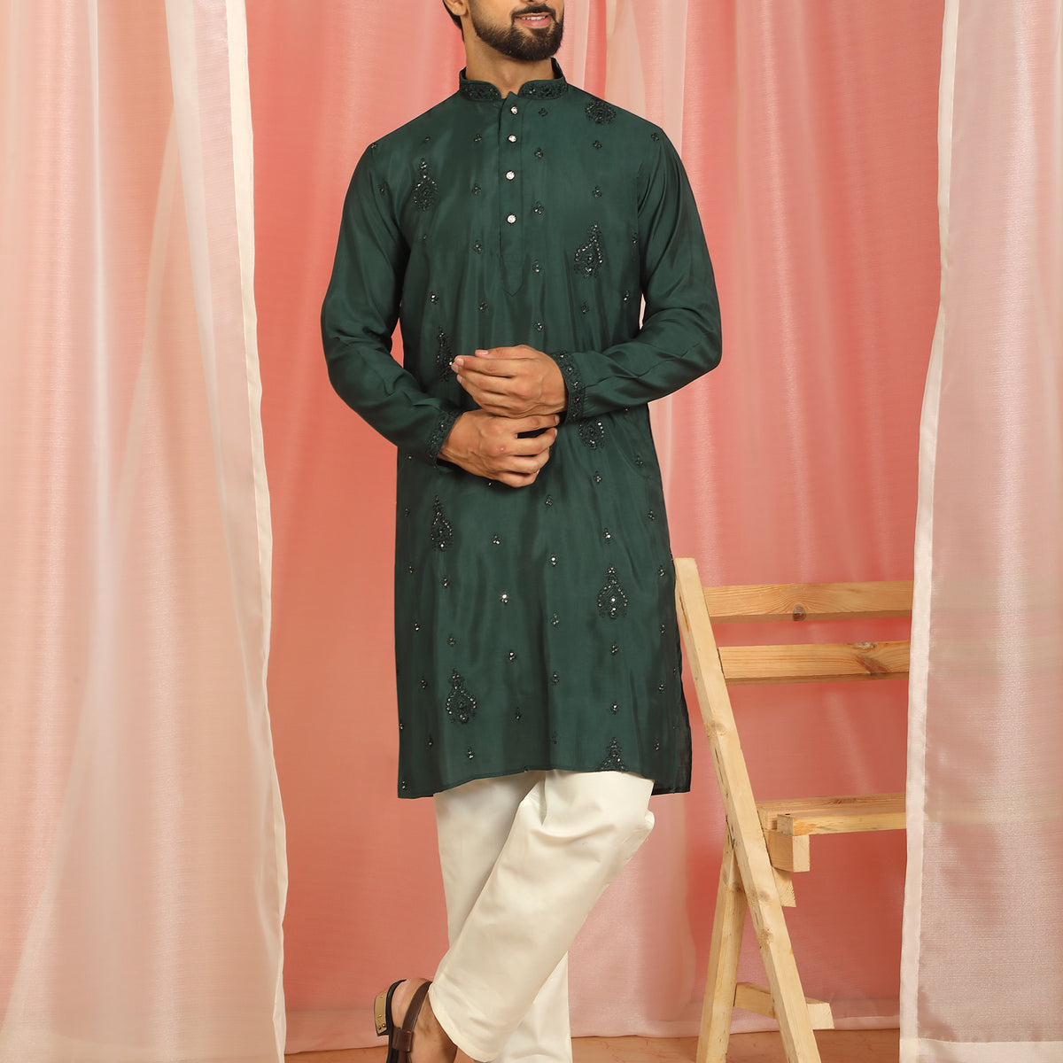 Men's Cotton Silk Traditional Mirror Work Embroidered Straight Kurta with Trouser Set - Green