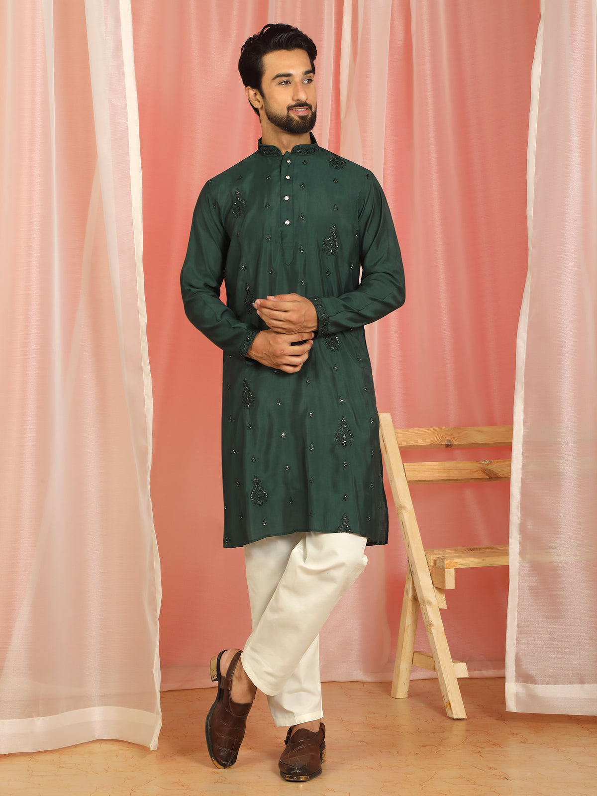 Men's Cotton Silk Traditional Mirror Work Embroidered Straight Kurta with Trouser Set - Green