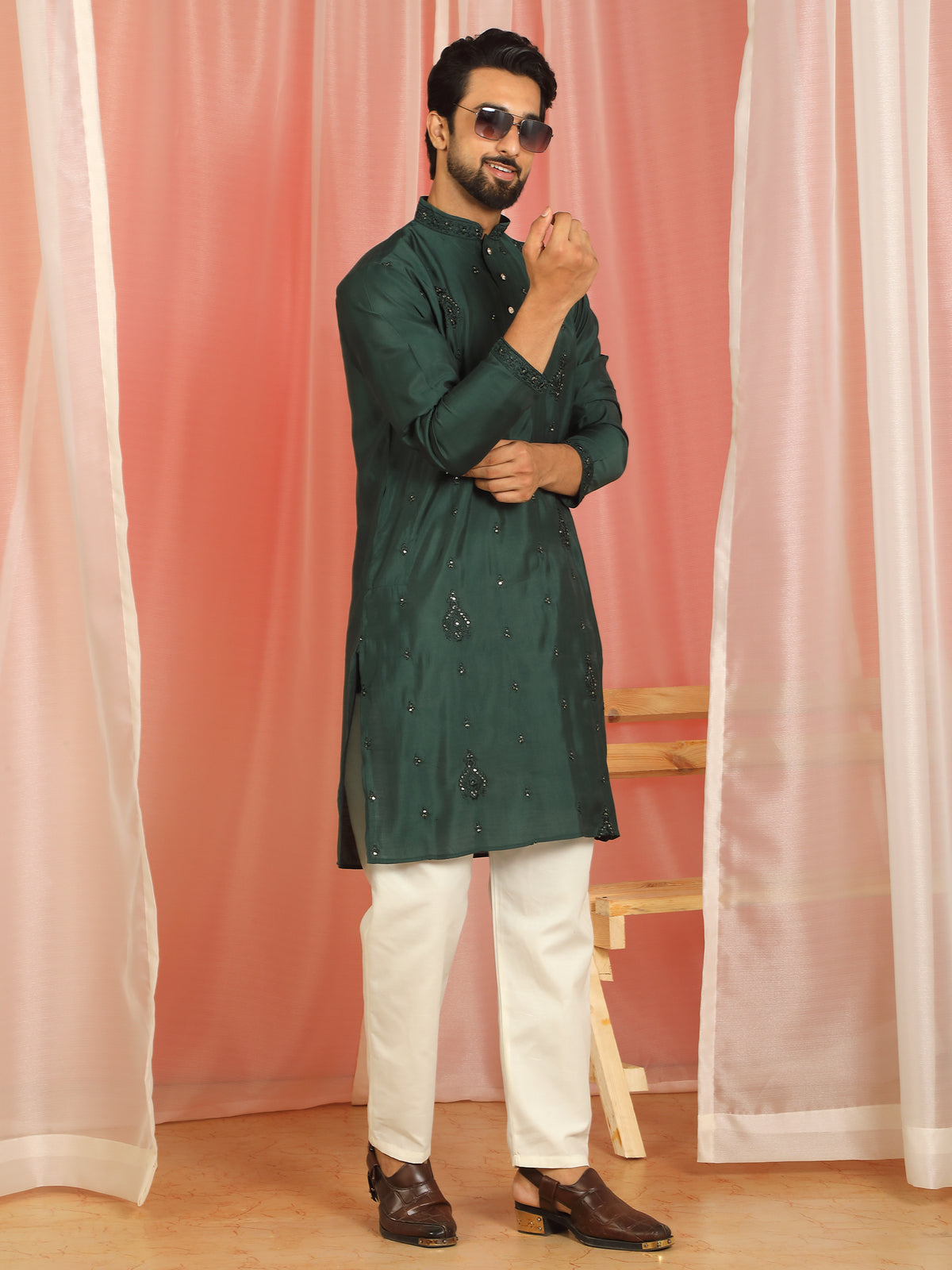 Men's Cotton Silk Traditional Mirror Work Embroidered Straight Kurta with Trouser Set - Green