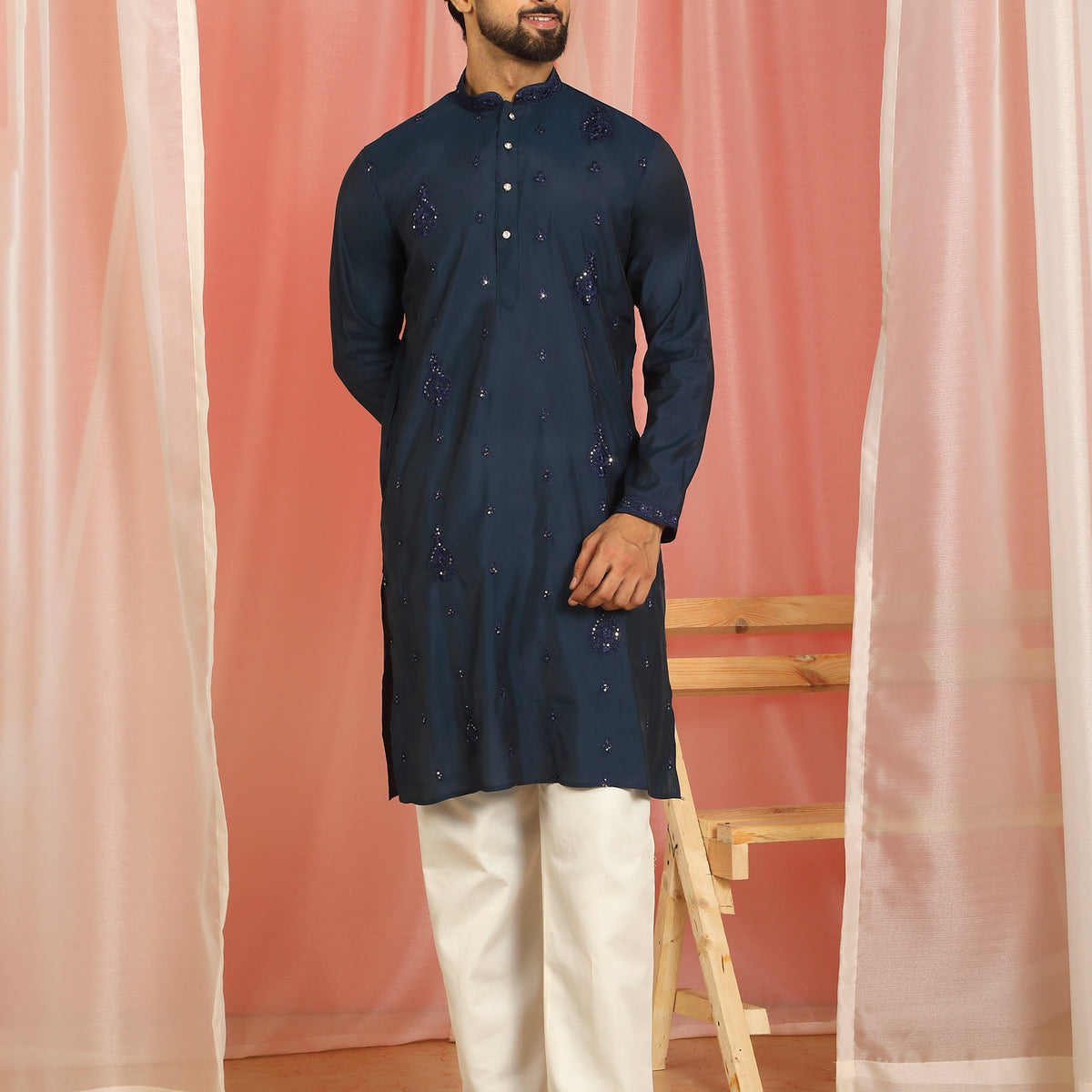 Men's Cotton Silk Traditional Mirror Work Embroidered Straight Kurta with Trouser Set - Navy Blue
