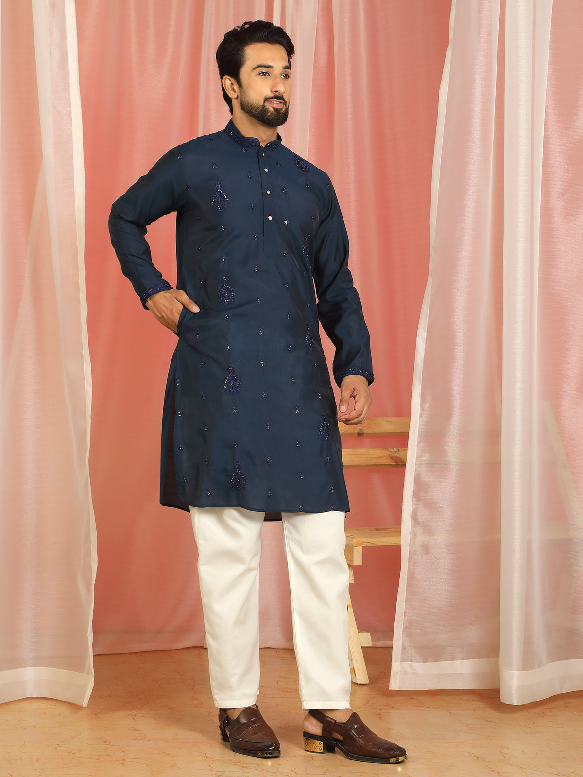 Men's Cotton Silk Traditional Mirror Work Embroidered Straight Kurta with Trouser Set - Navy Blue