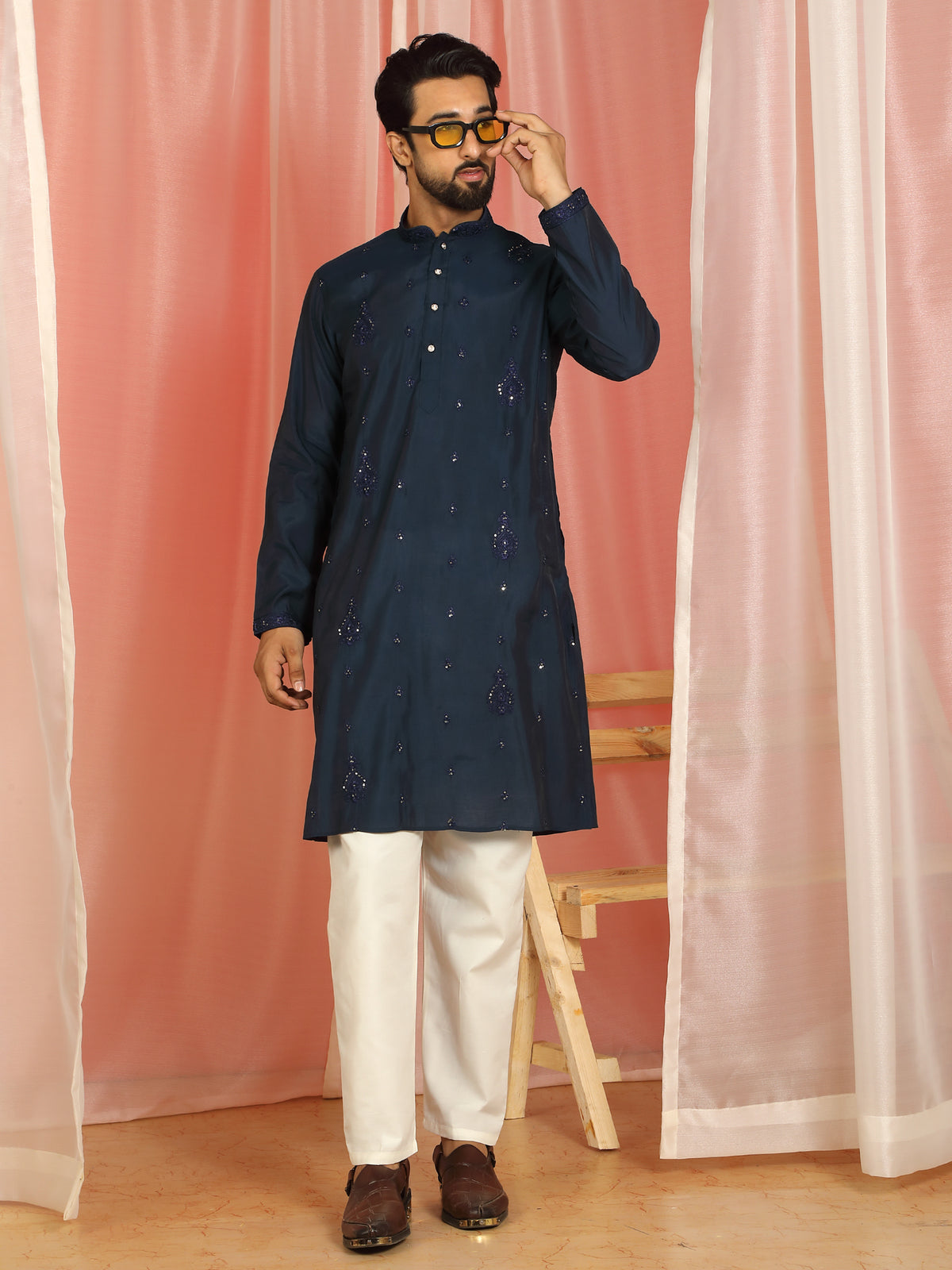 Men Cotton Silk Embroidered Ethnic Kurta - Navy Blue
