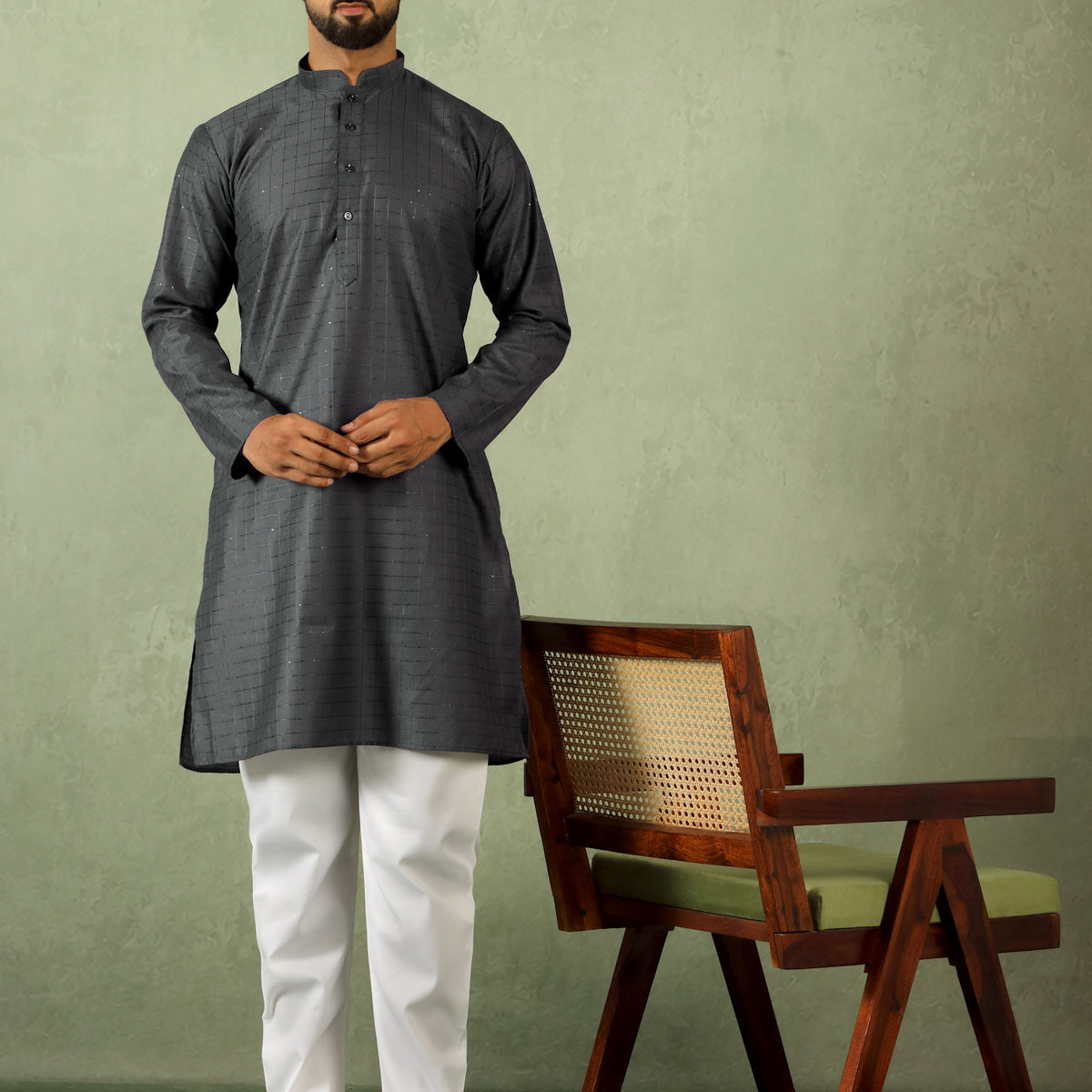 Men's Cotton Sequinned Block Pattern Straight Kurta with Trouser Set - Grey