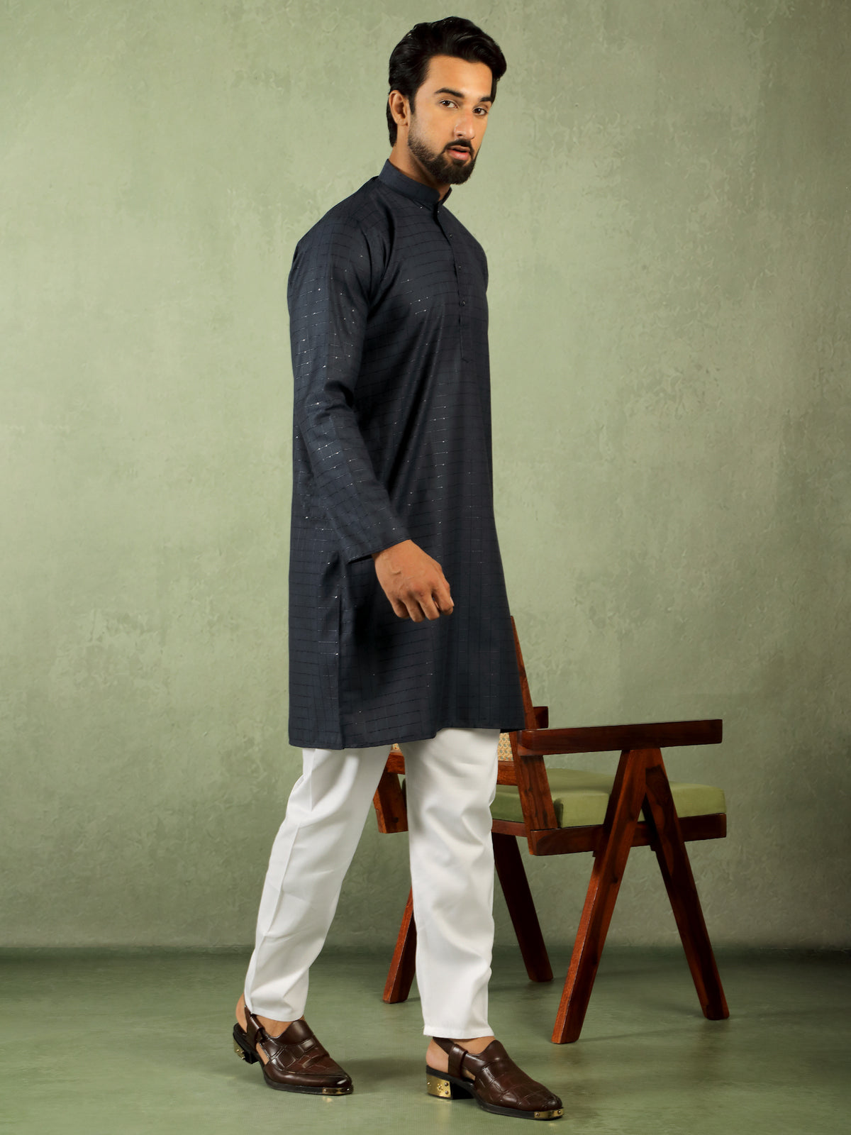 Men's Cotton Sequinned Block Pattern Straight Kurta with Trouser Set - Navy Blue