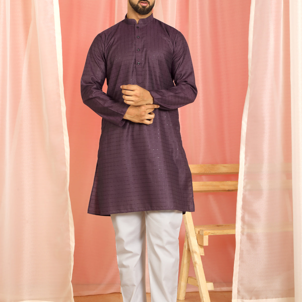 Men's Cotton Sequinned Block Pattern Straight Kurta with Trouser Set - Wine