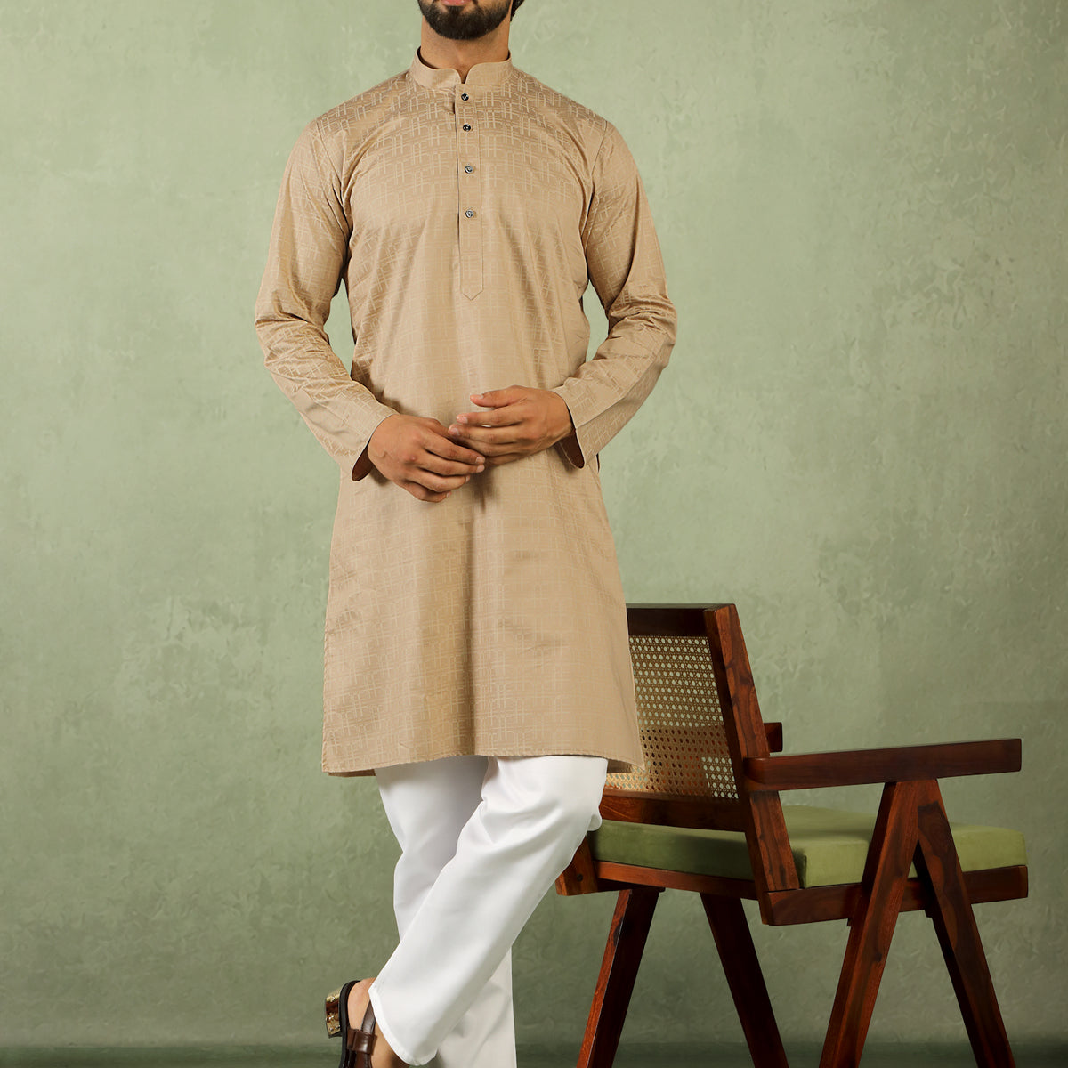 Men's Cotton Geometric Patterned Straight Kurta with Trouser Set - Beige