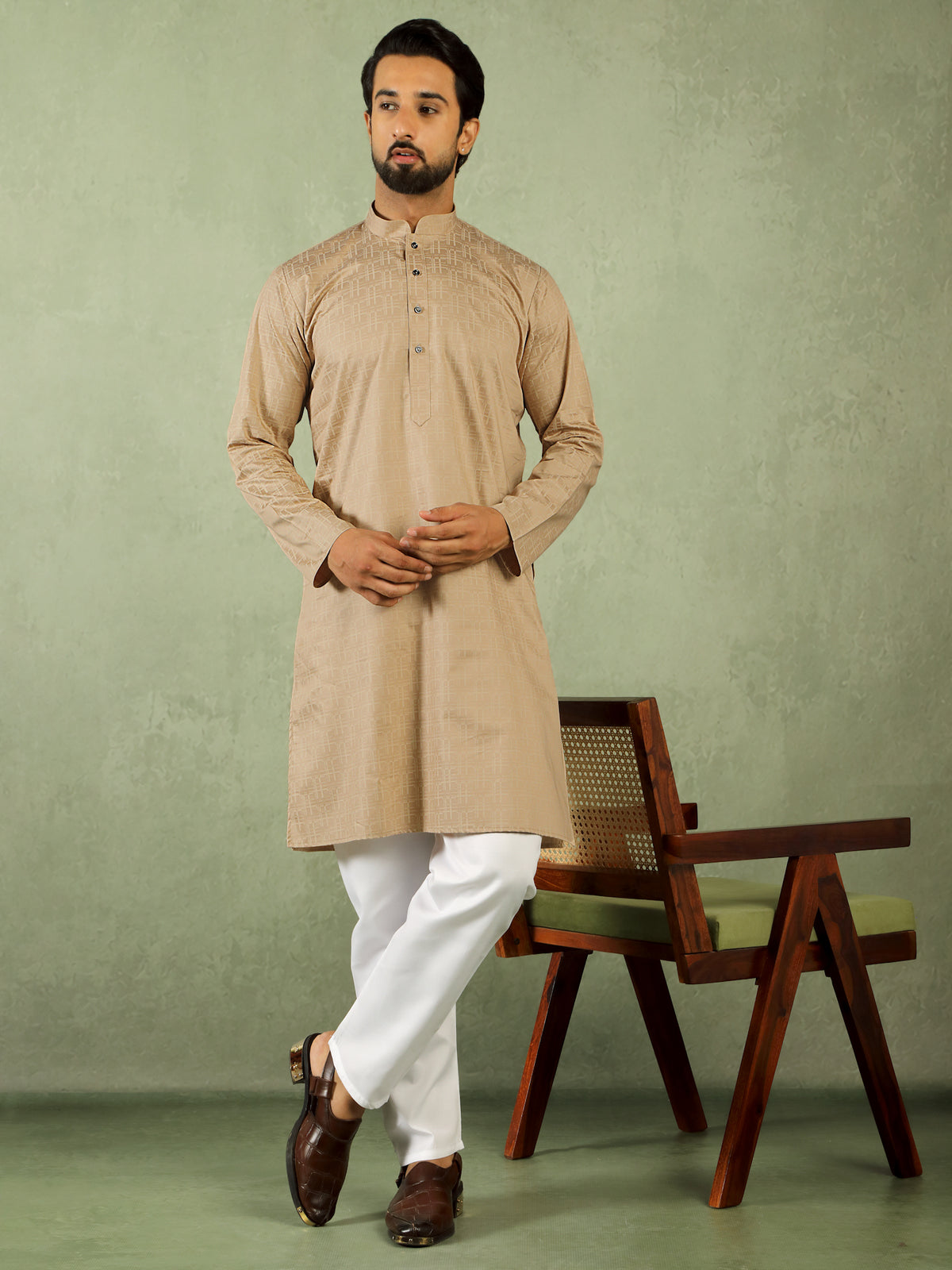 Men's Cotton Geometric Patterned Straight Kurta with Trouser Set - Beige