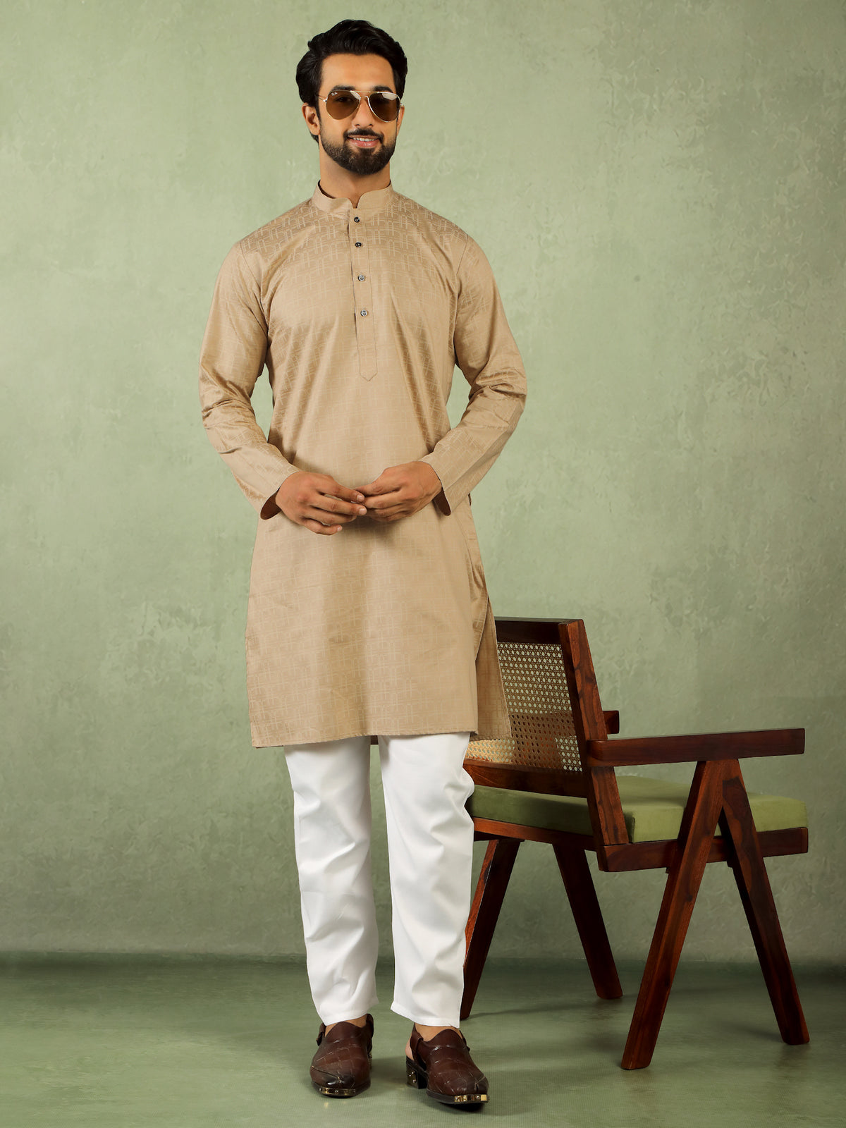 Men's Cotton Geometric Patterned Straight Kurta with Trouser Set - Beige
