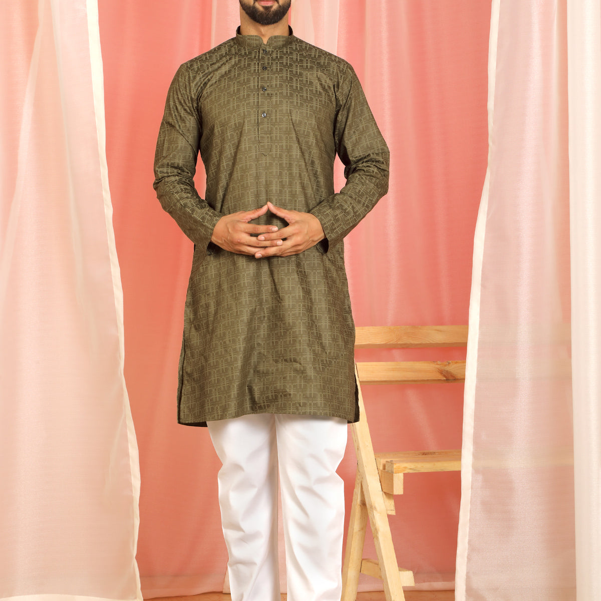 Men's Cotton Geometric Patterned Straight Kurta with Trouser Set - Mehndi