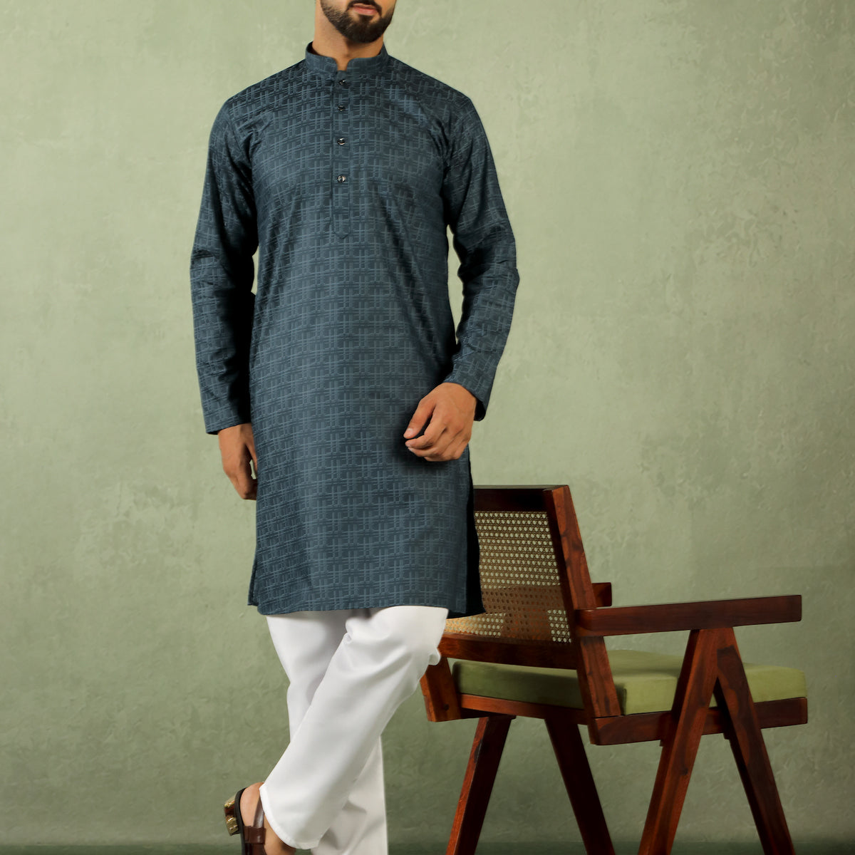 Men's Cotton Geometric Patterned Straight Kurta with Trouser Set - Navy Blue