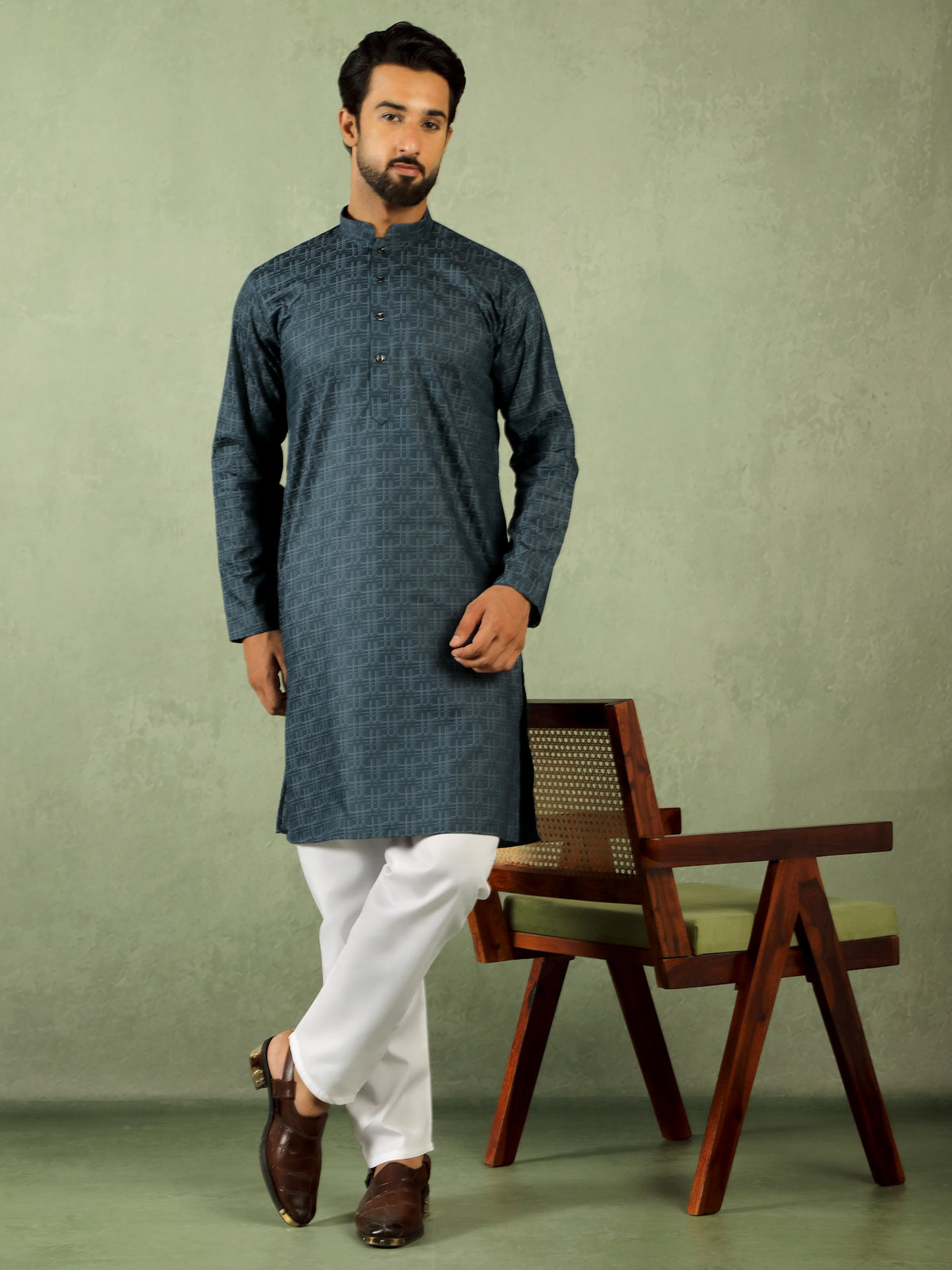 Men's Cotton Geometric Patterned Straight Kurta with Trouser Set - Navy Blue