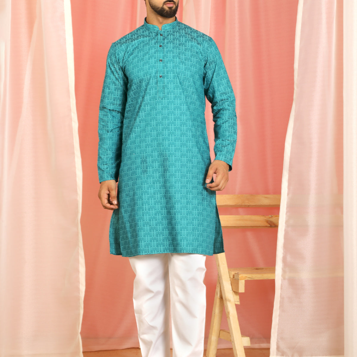 Men's Cotton Geometric Patterned Straight Kurta with Trouser Set - Turquoise