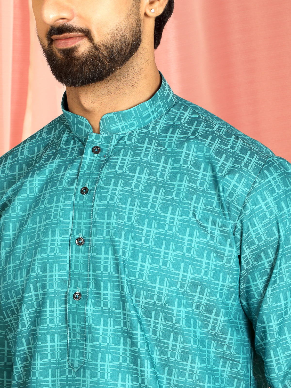 Men's Cotton Geometric Patterned Straight Kurta with Trouser Set - Turquoise